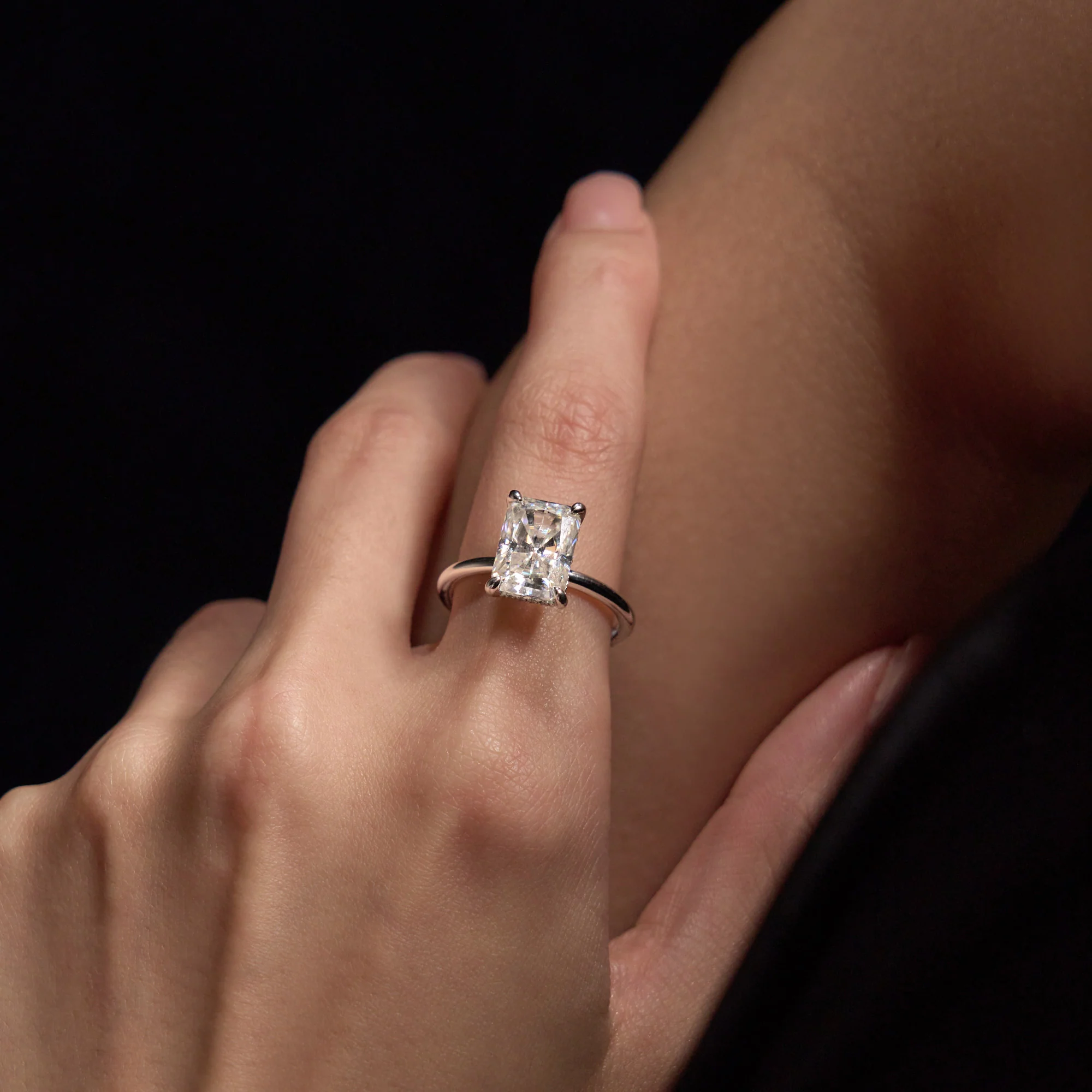 Radiant Moissanite Solitaire Ring with Hidden Halo - Image 12
