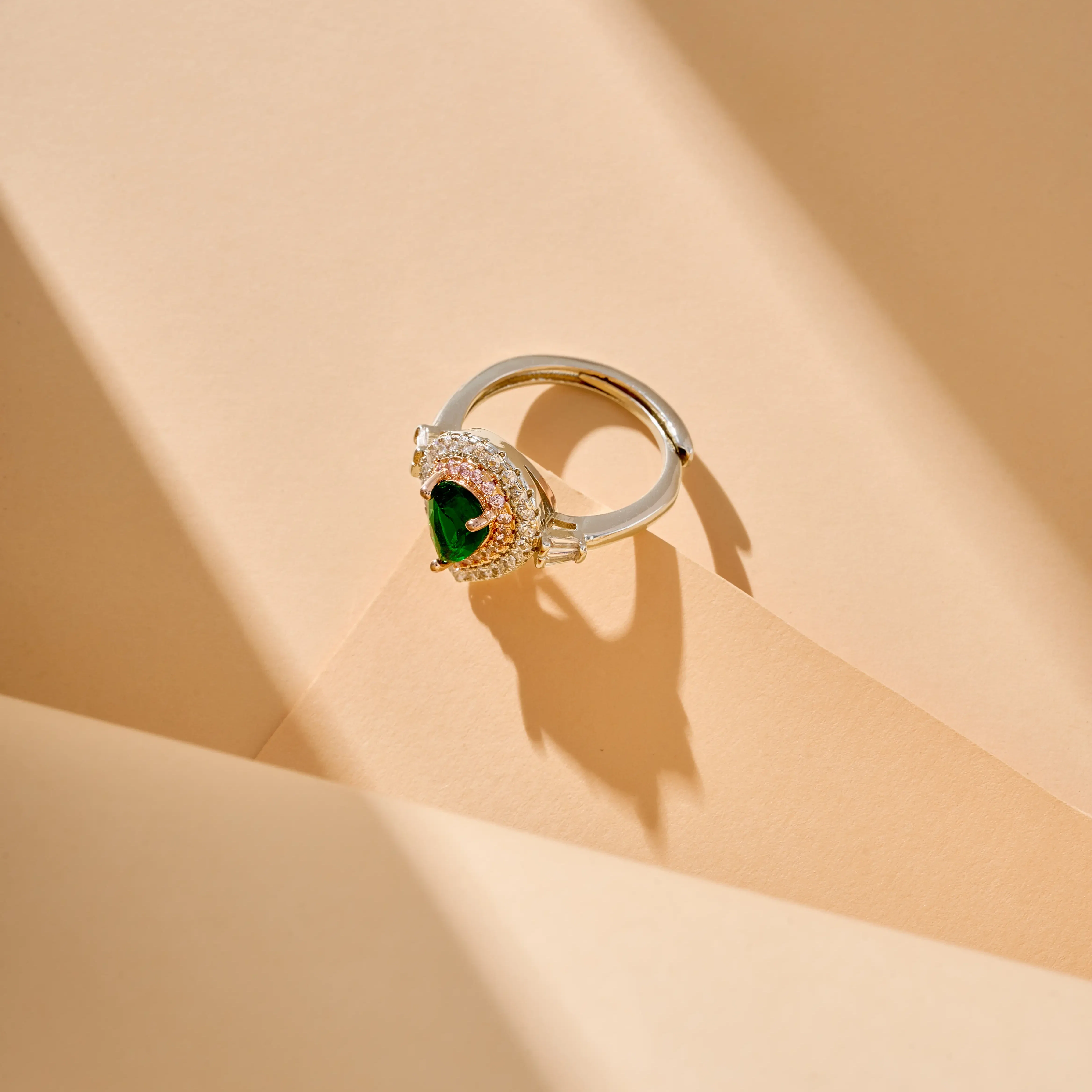 Arc And Bold Pear Cut With 2 Lines of Halo Emerald Open Ring - Image 4
