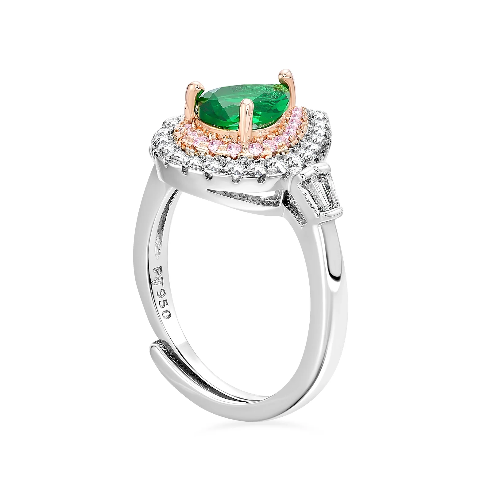 Arc And Bold Pear Cut With 2 Lines of Halo Emerald Open Ring - Image 5