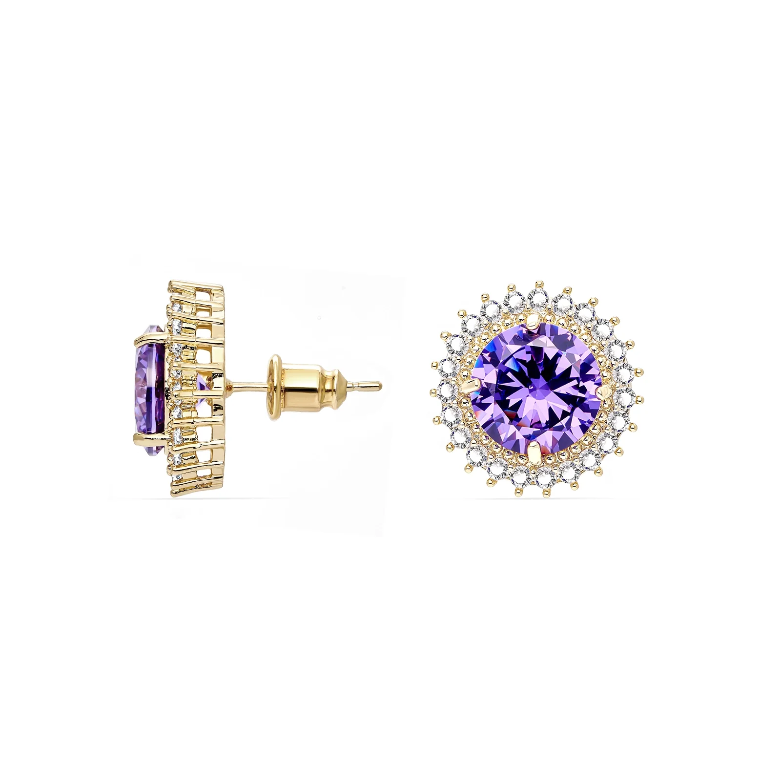 Arc Round Cut With Halo Lavender Amethyst Earings Studs - Image 3