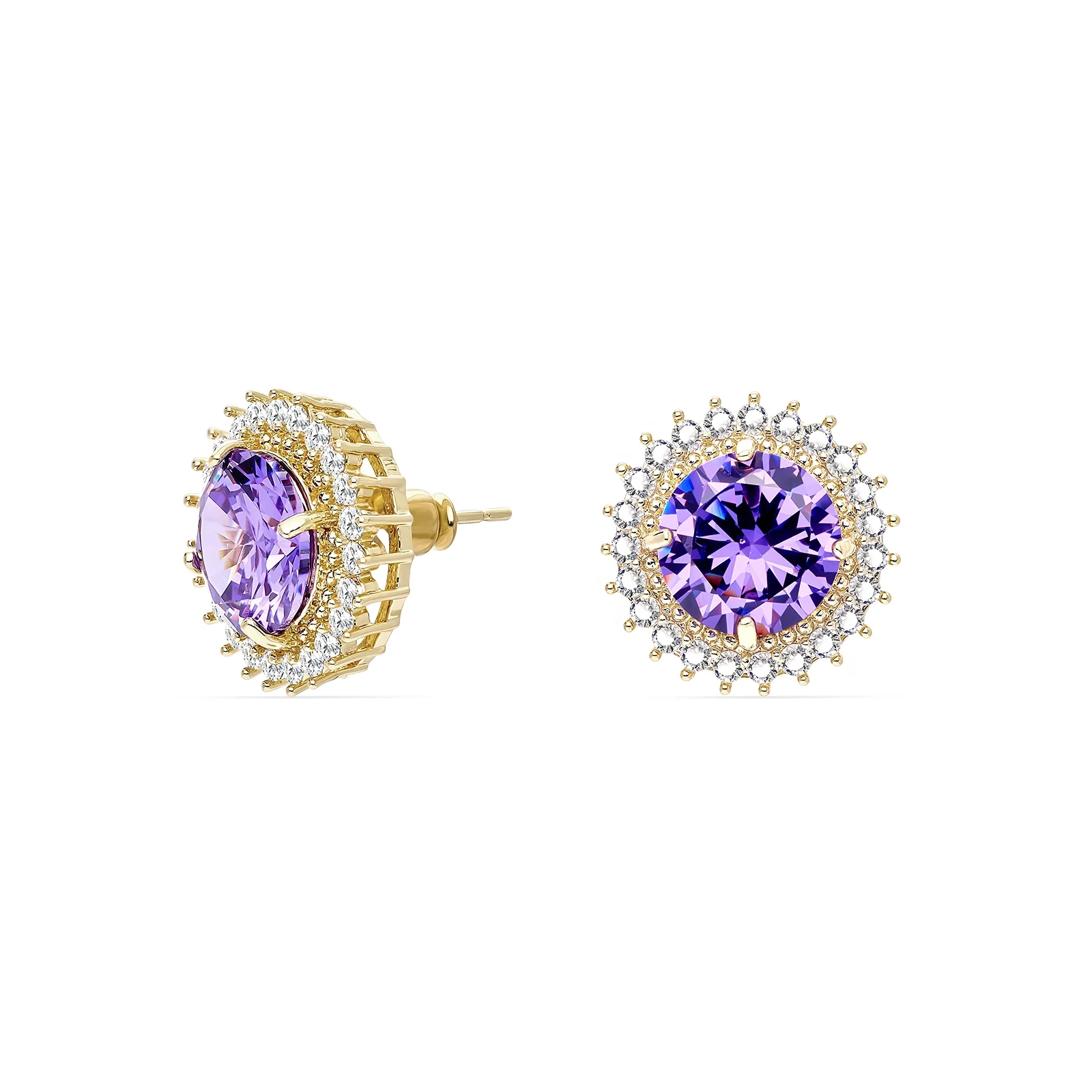 Arc Round Cut With Halo Lavender Amethyst Earings Studs - Image 4