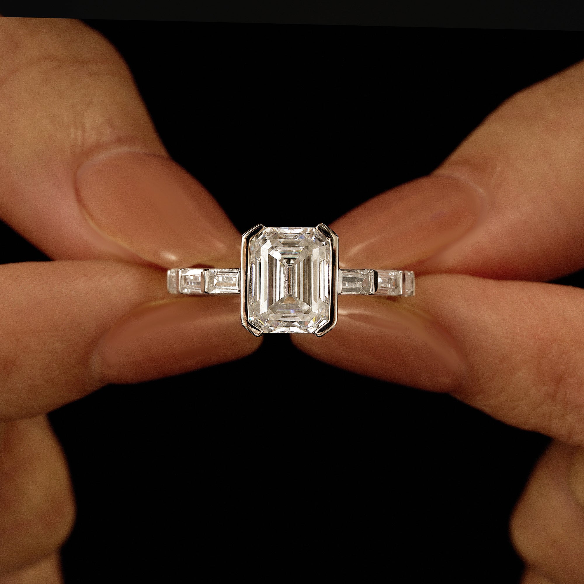 Art Deco Emerald Moissanite Bezel Ring - Image 13