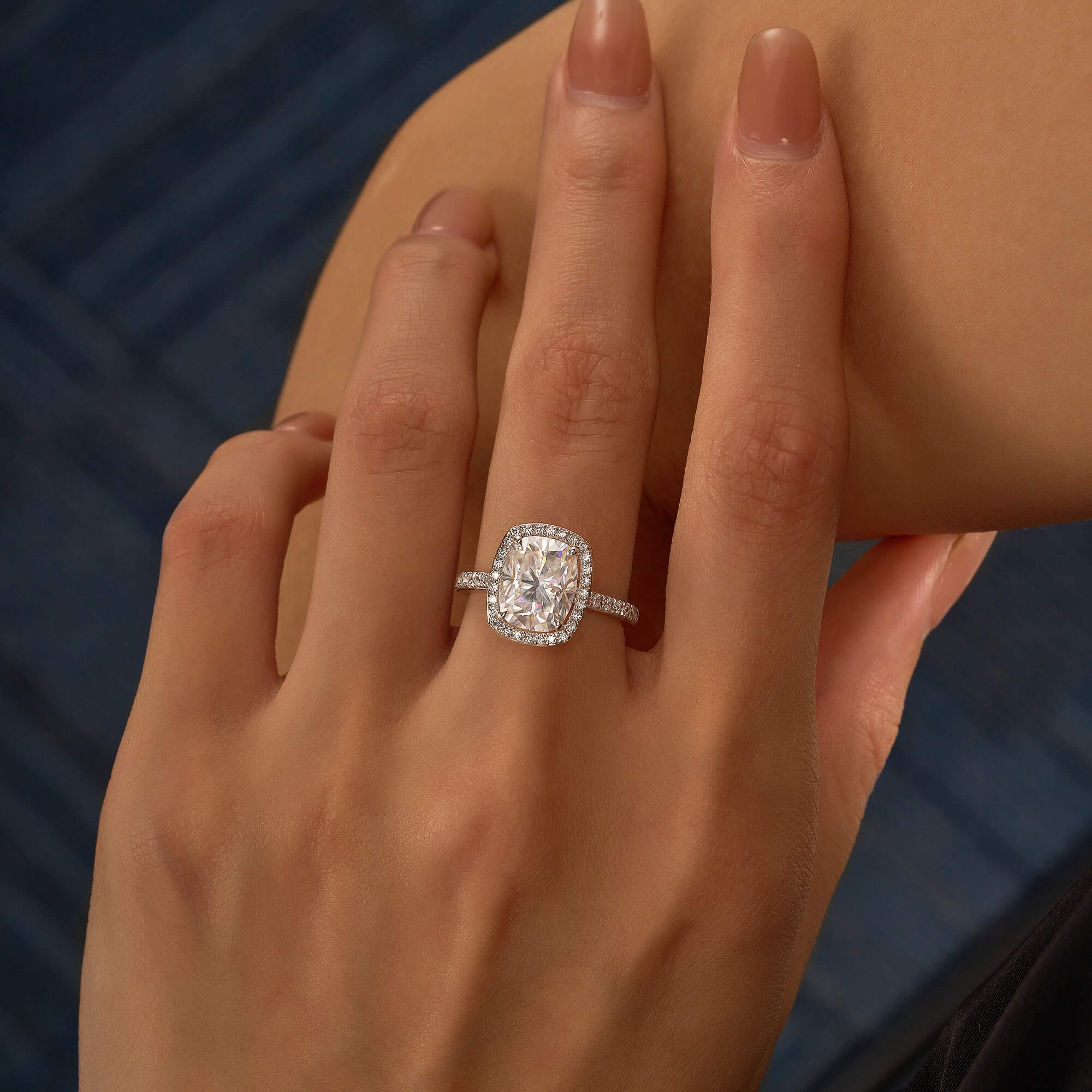 Classic Cushion Halo Moissanite Ring with Pavé Band - Image 11