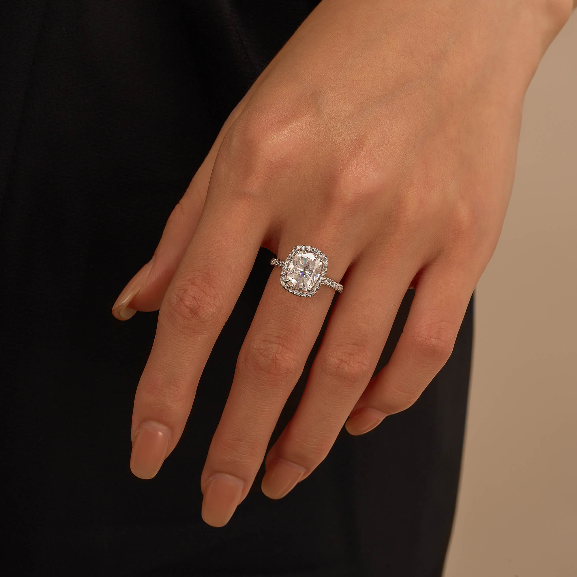 Classic Cushion Halo Moissanite Ring with Pavé Band - Image 12