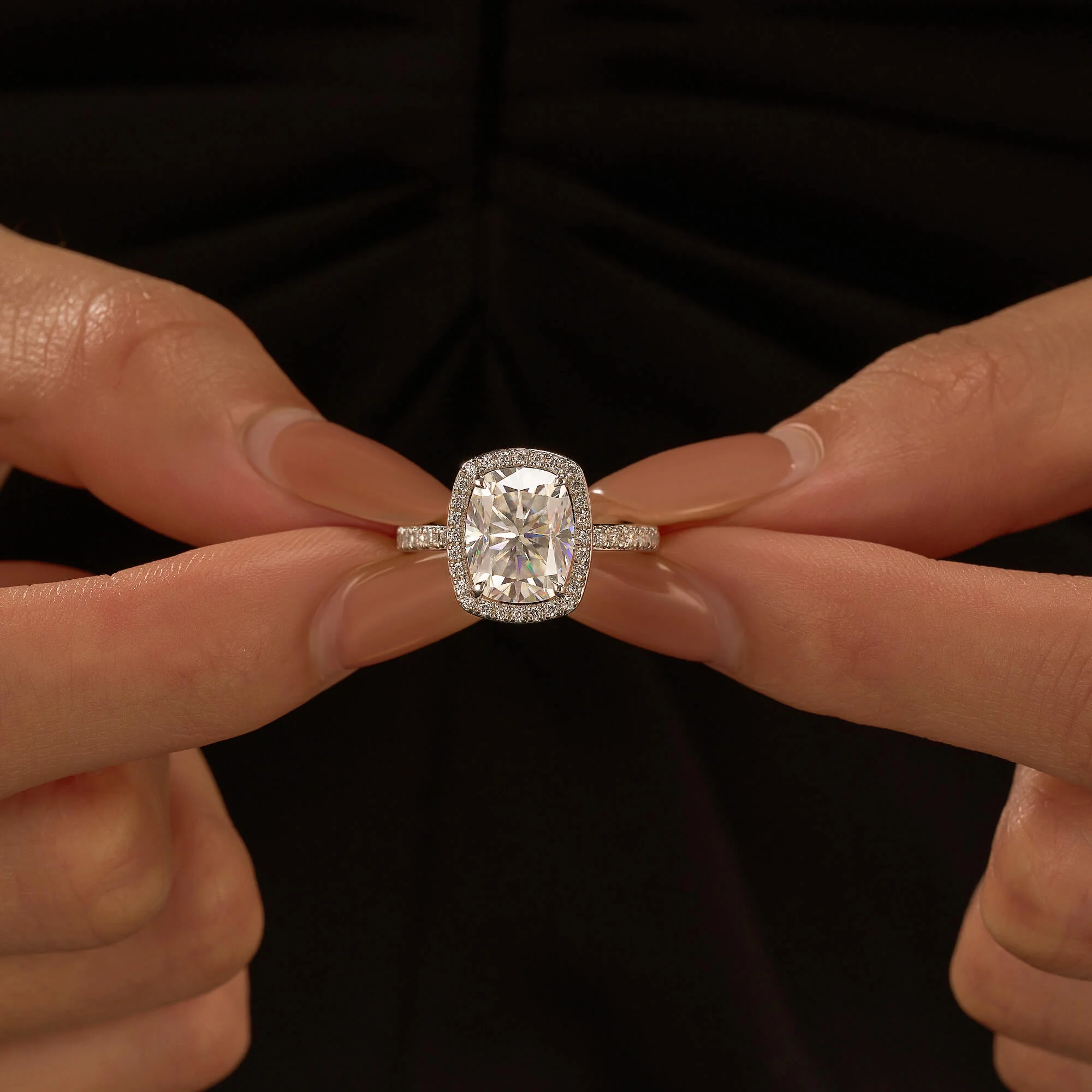 Classic Cushion Halo Moissanite Ring with Pavé Band - Image 13