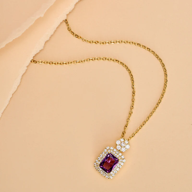 Classic Radiant Cut With Halo Style Amethyst Pendant Necklace - Image 5
