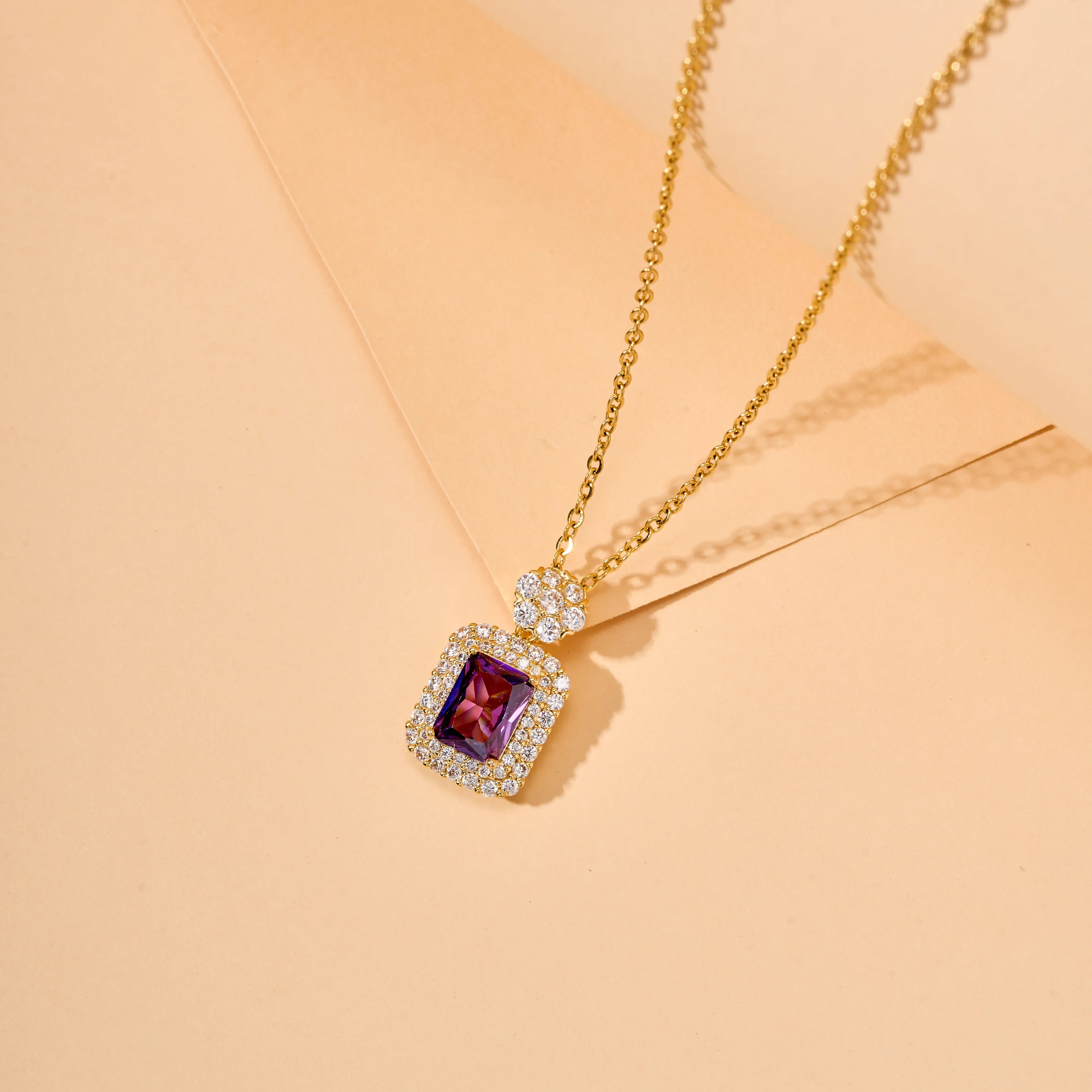 Classic Radiant Cut With Halo Style Amethyst Pendant Necklace - Image 6
