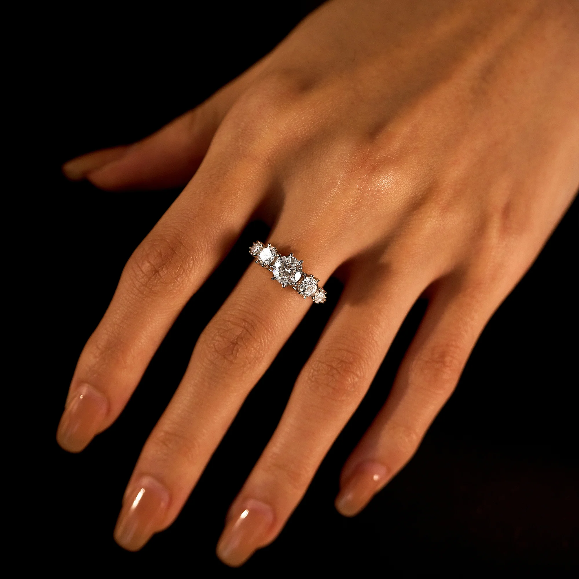 Modern Romance Cluster Round and Pavé Moissanite Trilogy Ring - Image 11