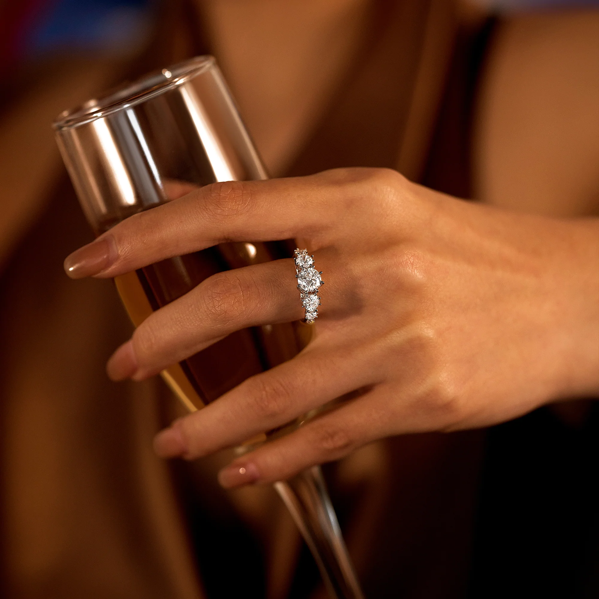 Modern Romance Cluster Round and Pavé Moissanite Trilogy Ring - Image 14