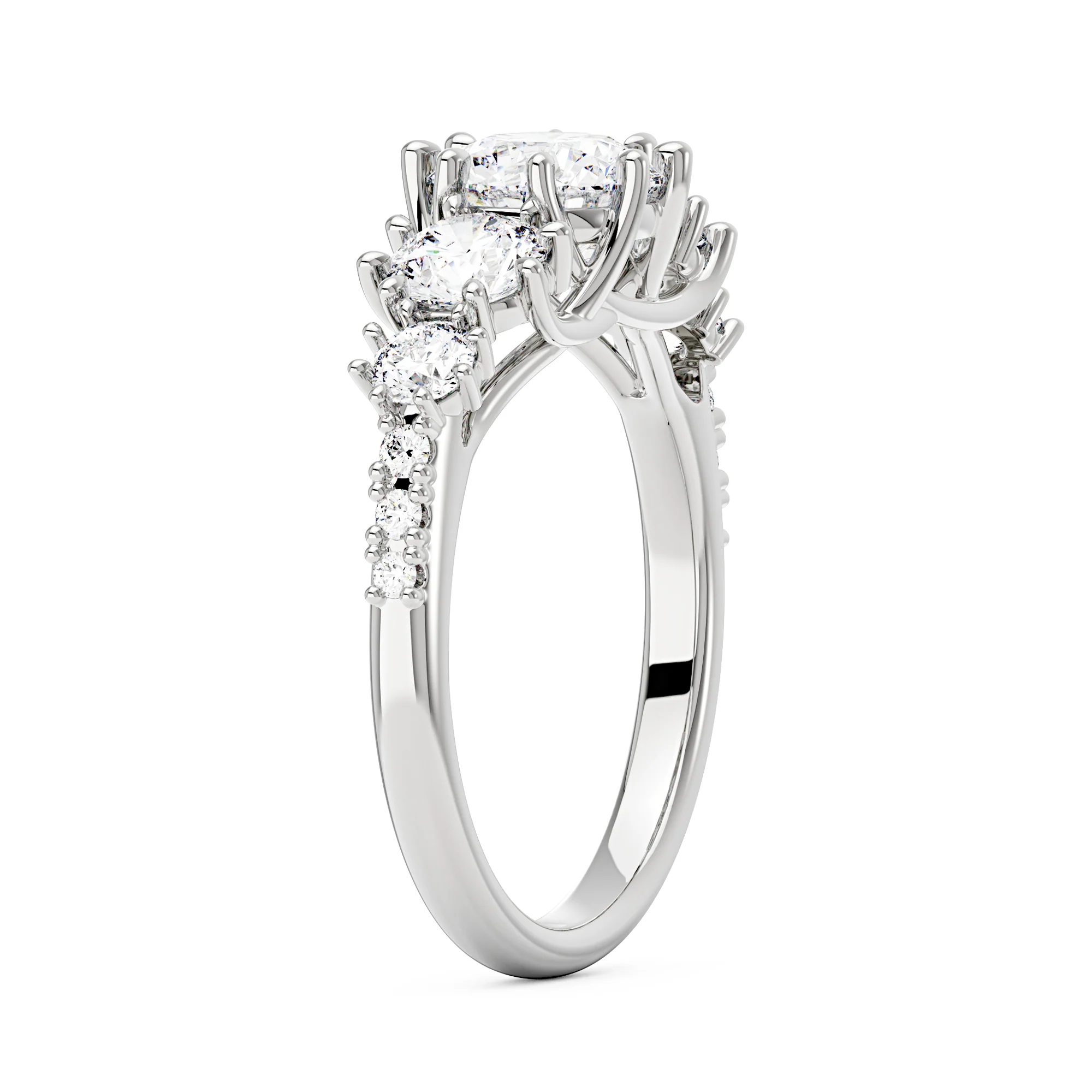 Modern Romance Cluster Round and Pavé Moissanite Trilogy Ring - Image 5