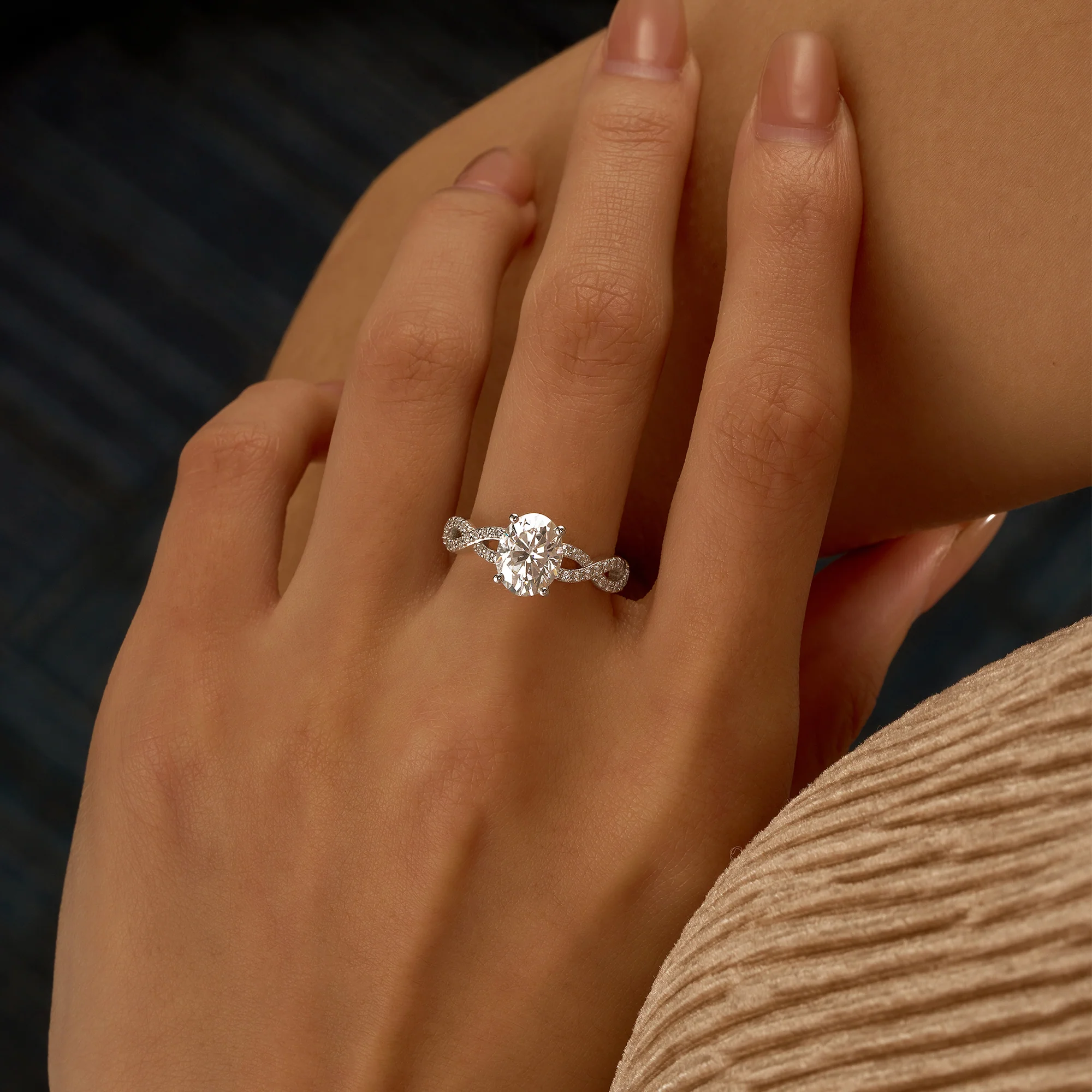 Oval Moissanite Ring with Pavé Infinity Twist Band - Image 12