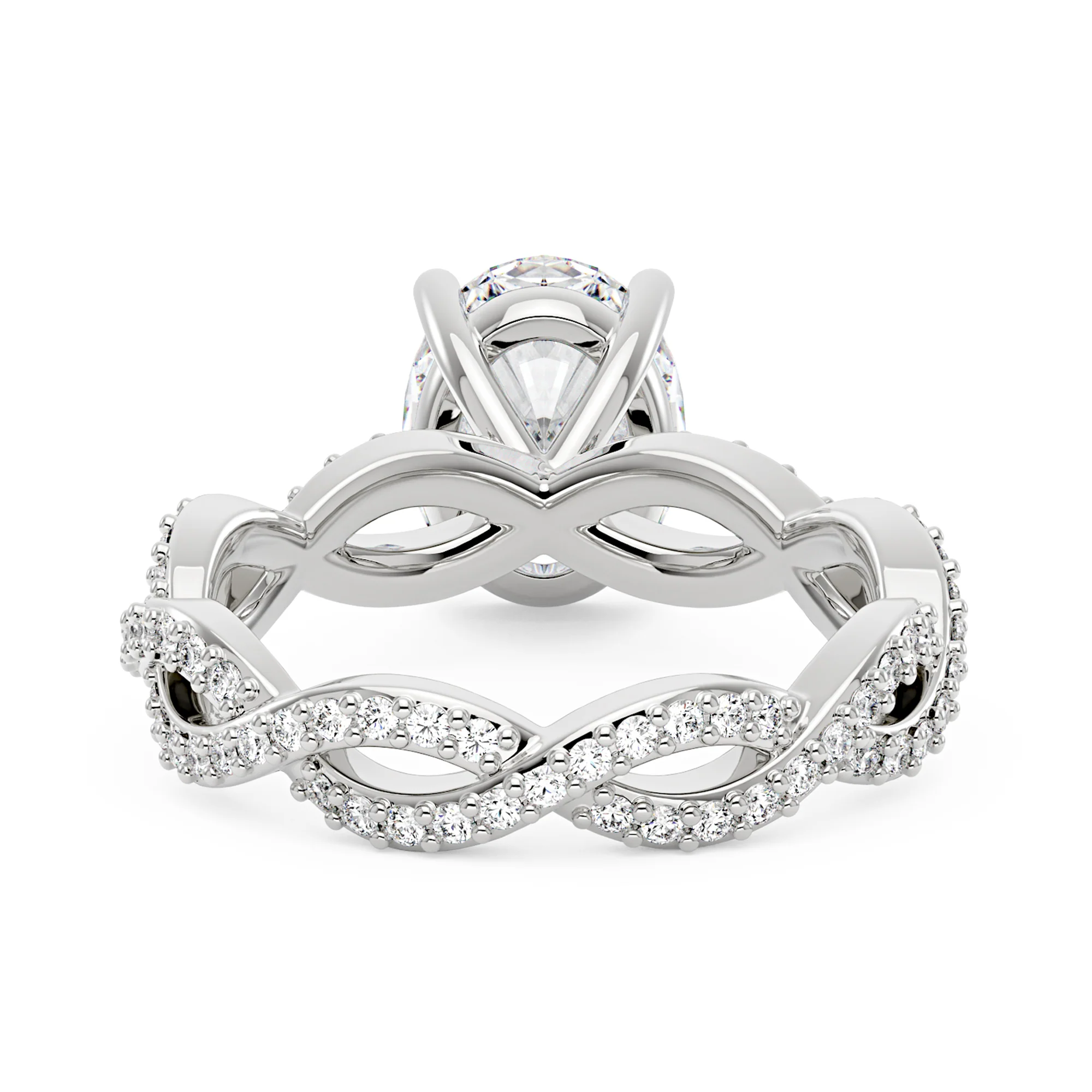 Oval Moissanite Ring with Pavé Infinity Twist Band - Image 3