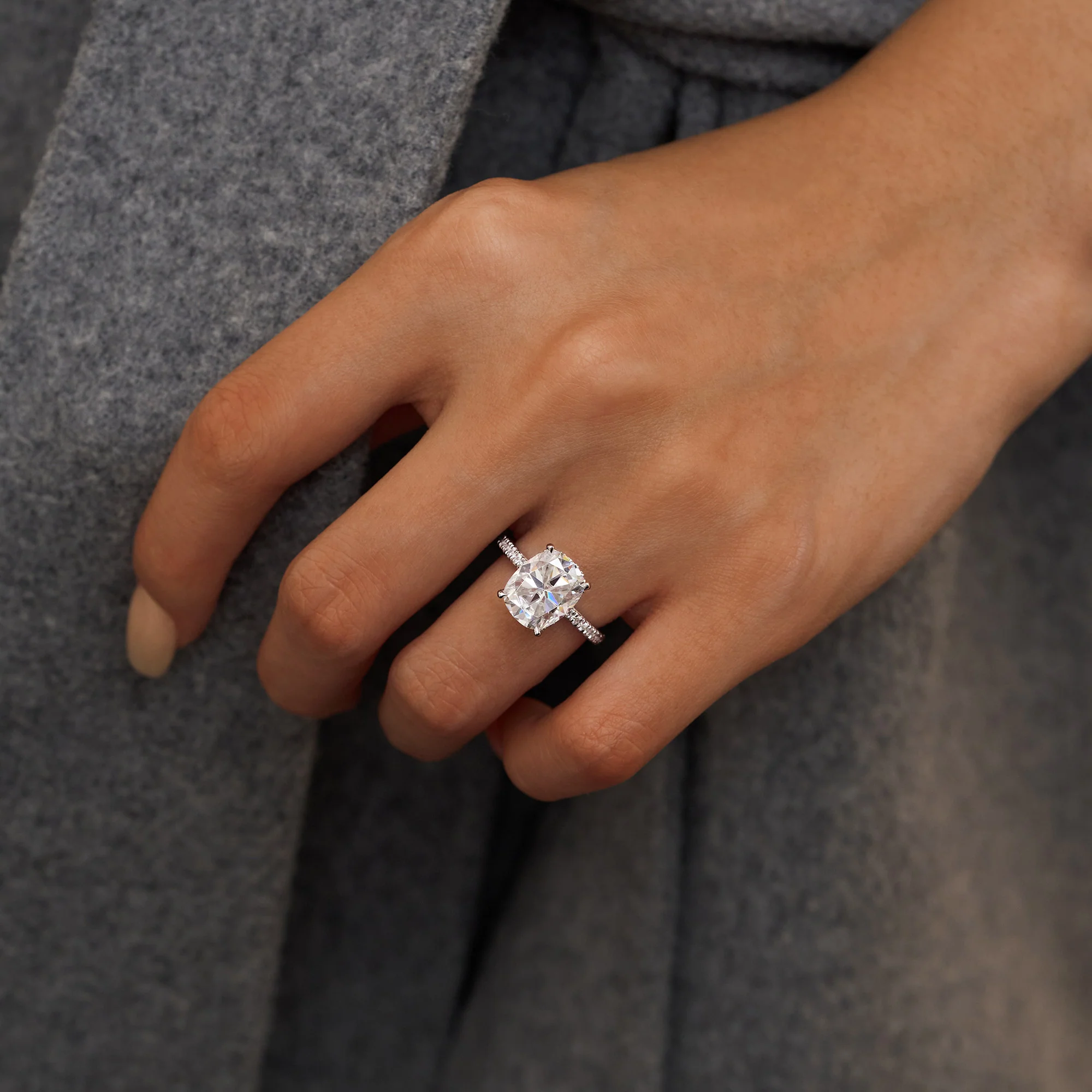 Elongated Cushion Moissanite Ring with Pavé Band - Image 10