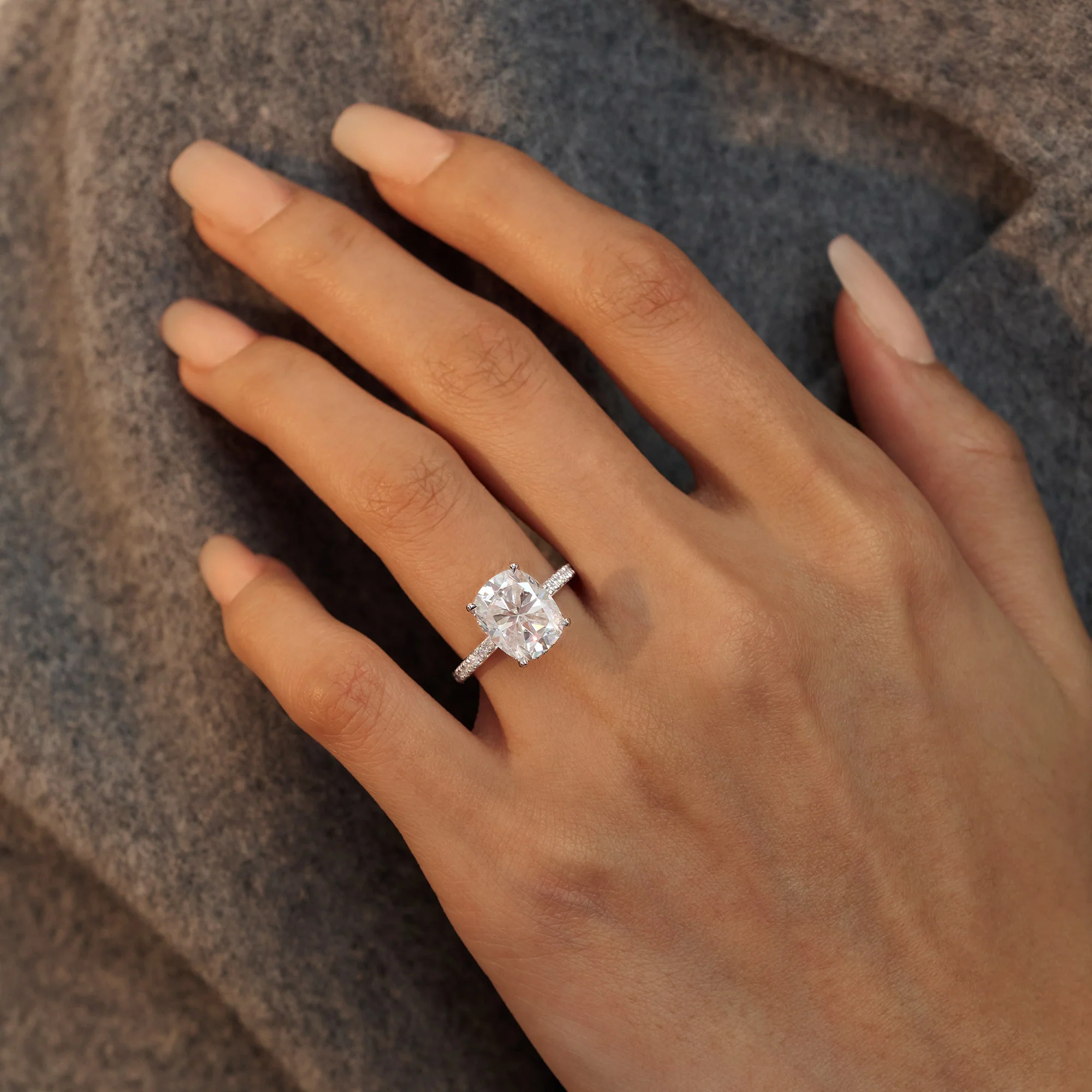 Elongated Cushion Moissanite Ring with Pavé Band - Image 11