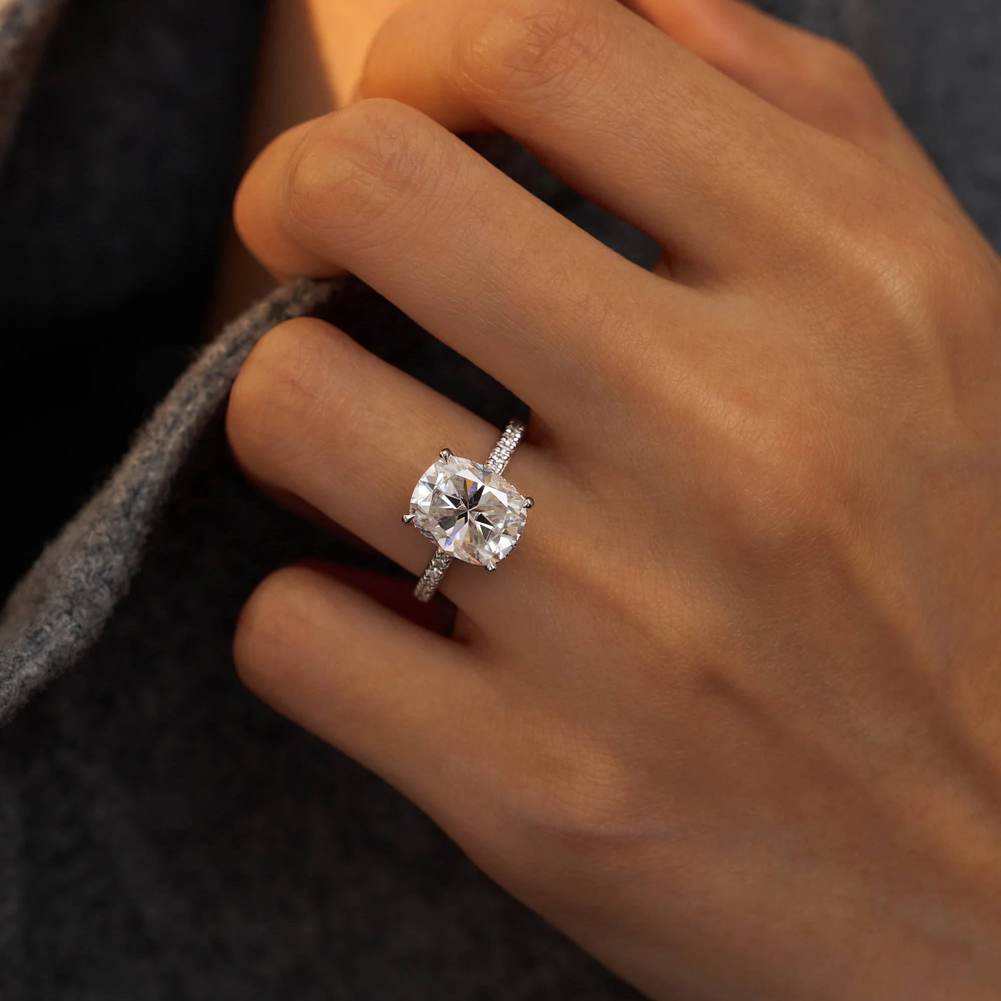 Elongated Cushion Moissanite Ring with Pavé Band - Image 12