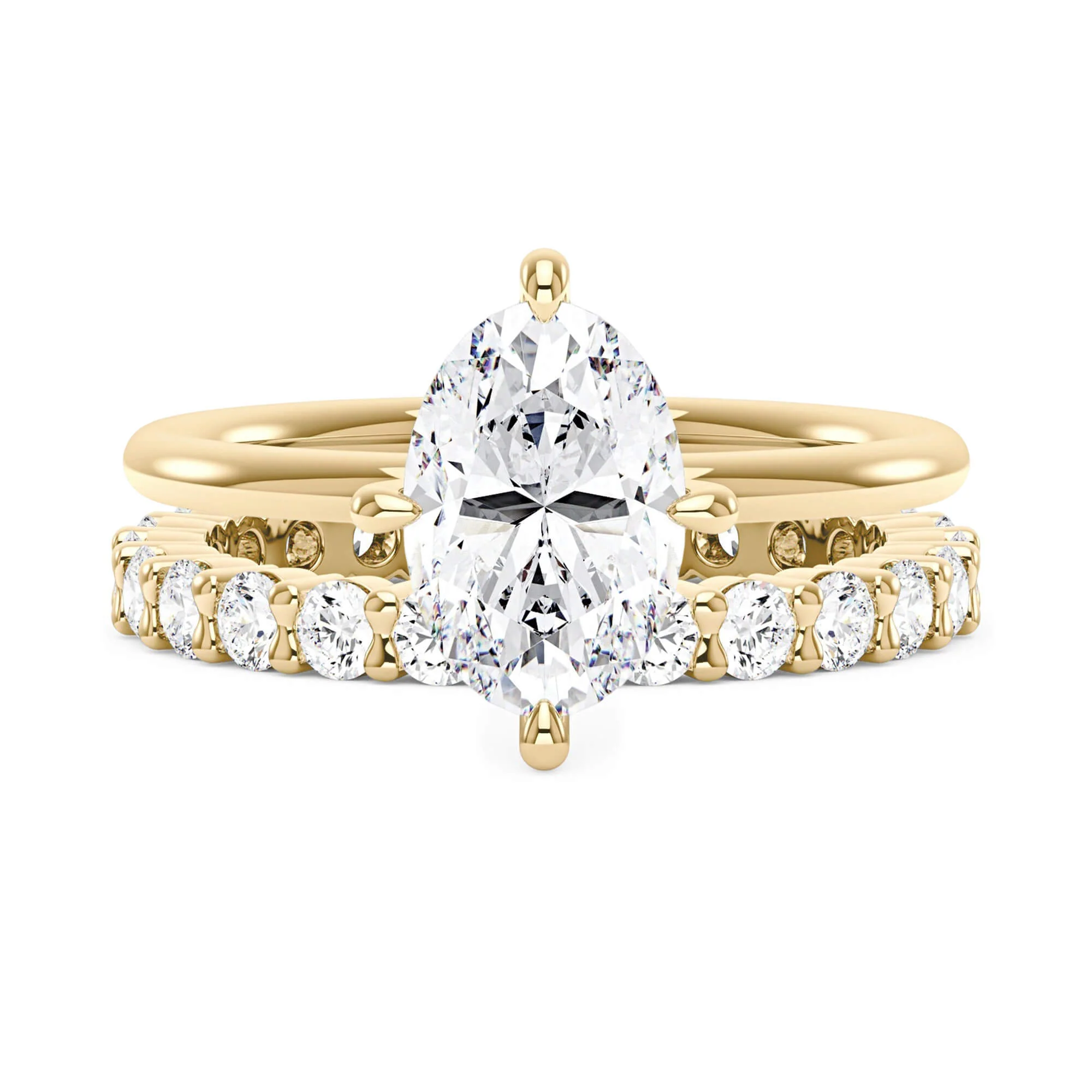 Elongated Oval Cut Moissanite Engagement Ring and Pavé Wedding Band Set - Image 3
