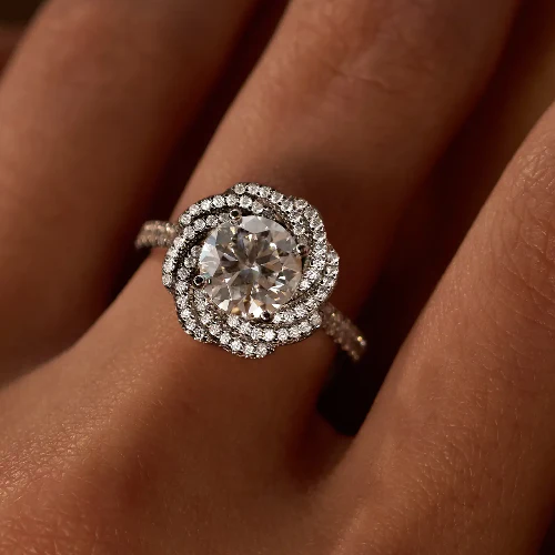 Art Deco Flower Halo Moissanite Engagement Ring with Pavé Band - Image 11