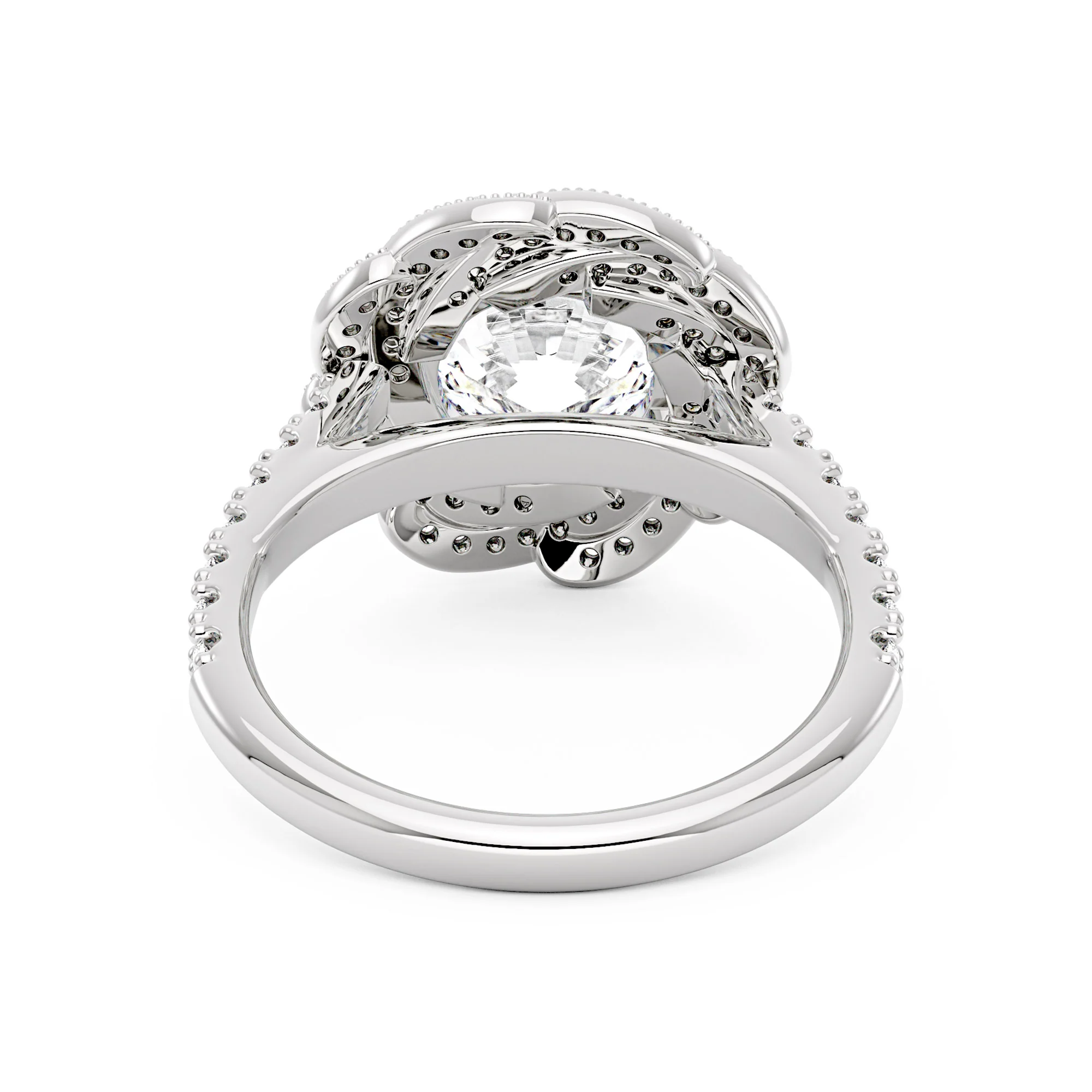 Art Deco Flower Halo Moissanite Engagement Ring with Pavé Band - Image 3