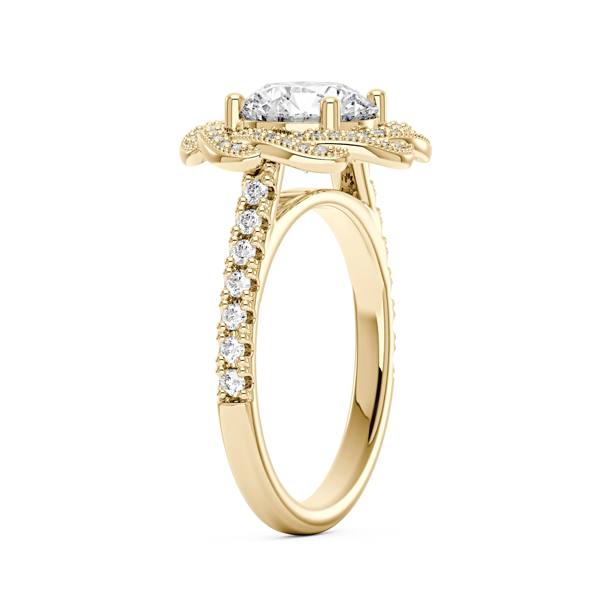 Art Deco Flower Halo Moissanite Engagement Ring with Pavé Band - Image 5