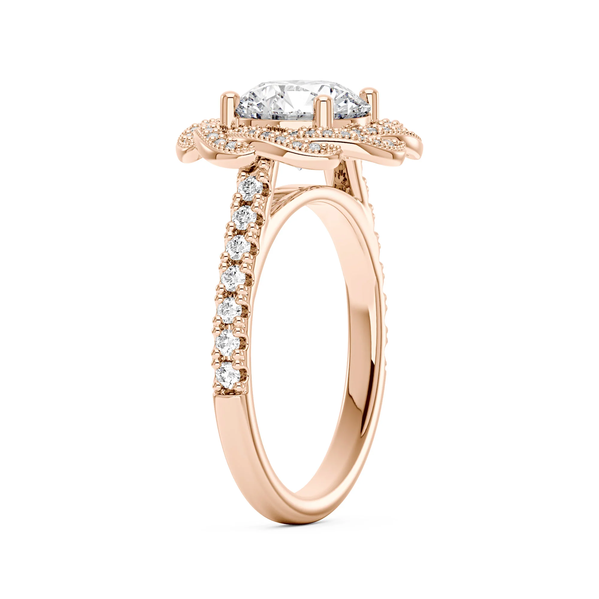 Art Deco Flower Halo Moissanite Engagement Ring with Pavé Band - Image 8