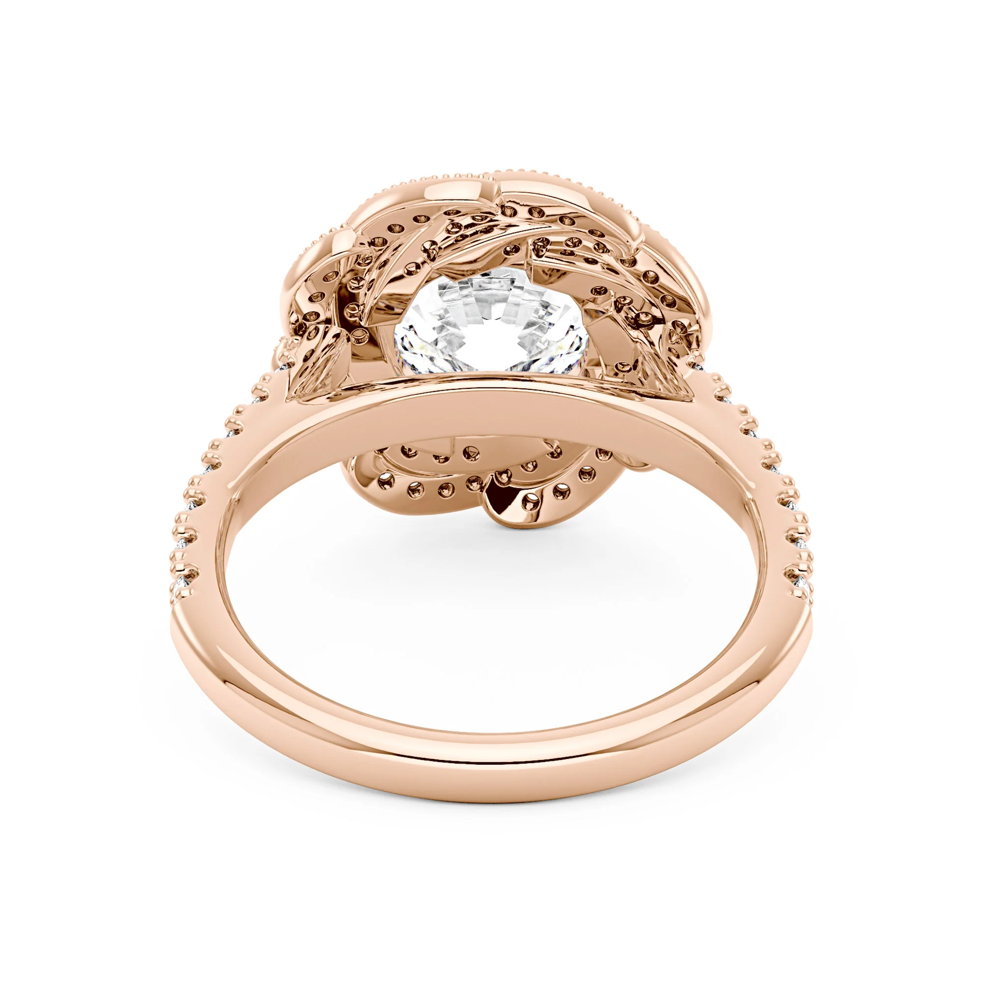 Art Deco Flower Halo Moissanite Engagement Ring with Pavé Band - Image 9