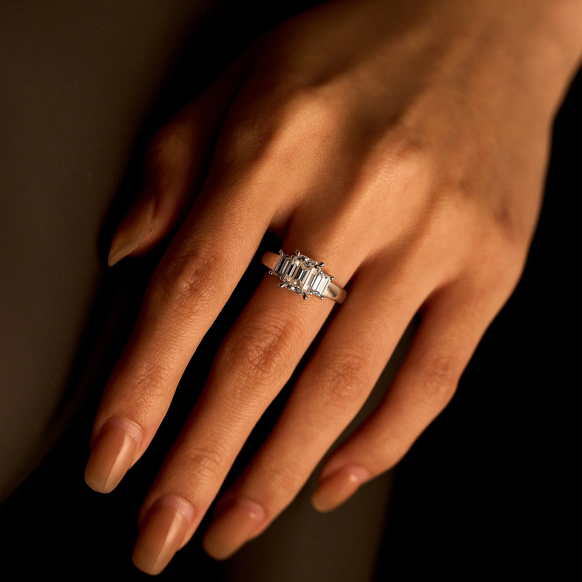 Art Deco Emerald Moissanite Trilogy Ring - Image 11