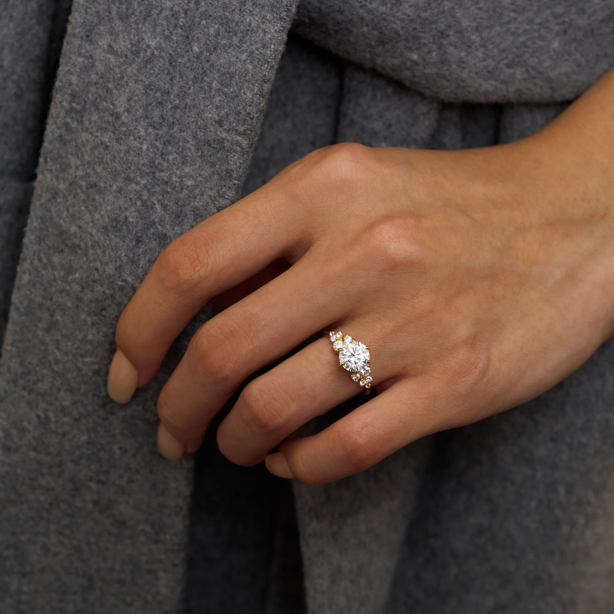 Floral Style Round Moissanite Ring With Side Accents - Image 11