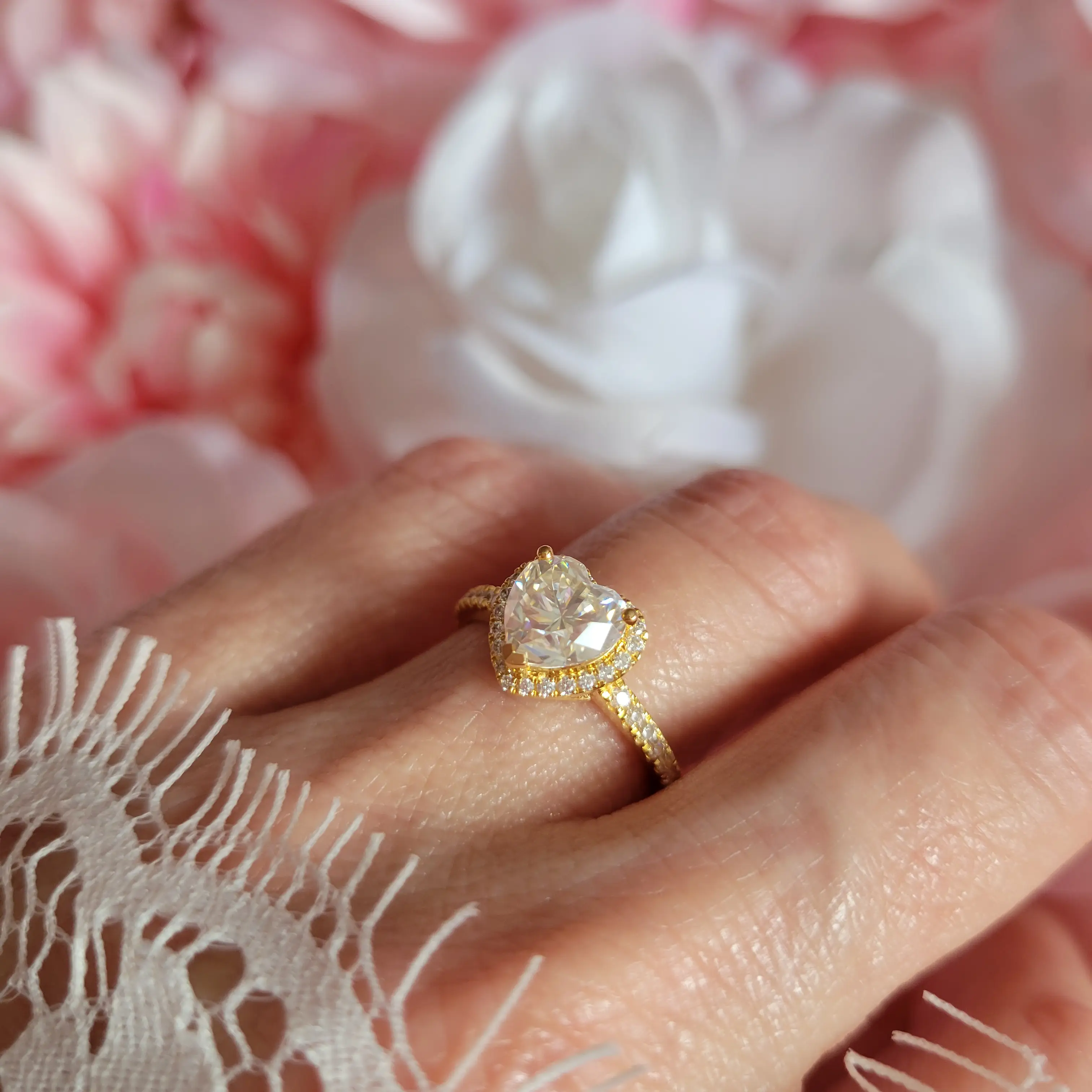 Heart Moissanite Halo Ring with Pavé Band - Image 14