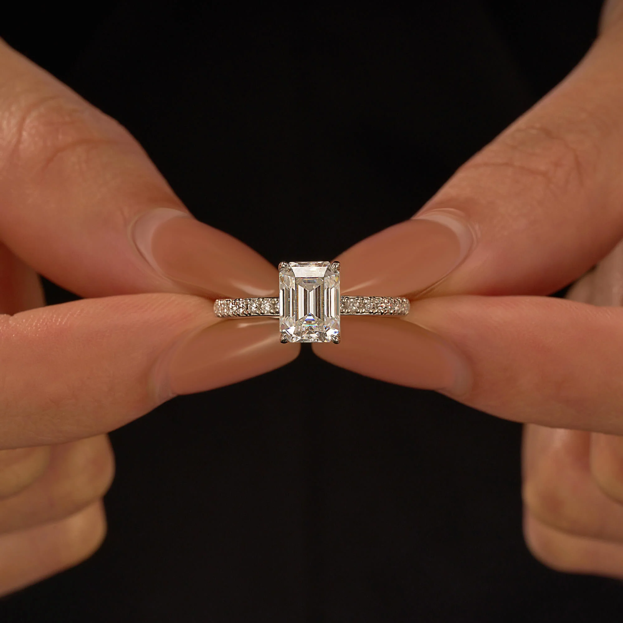 Emerald Hidden Halo Moissanite Ring with Pavé Band - Image 13