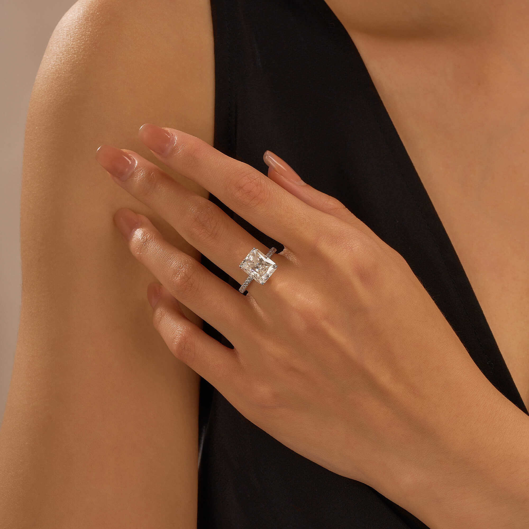 Radiant Hidden Halo Engagement Ring with Pavé Band - Image 10
