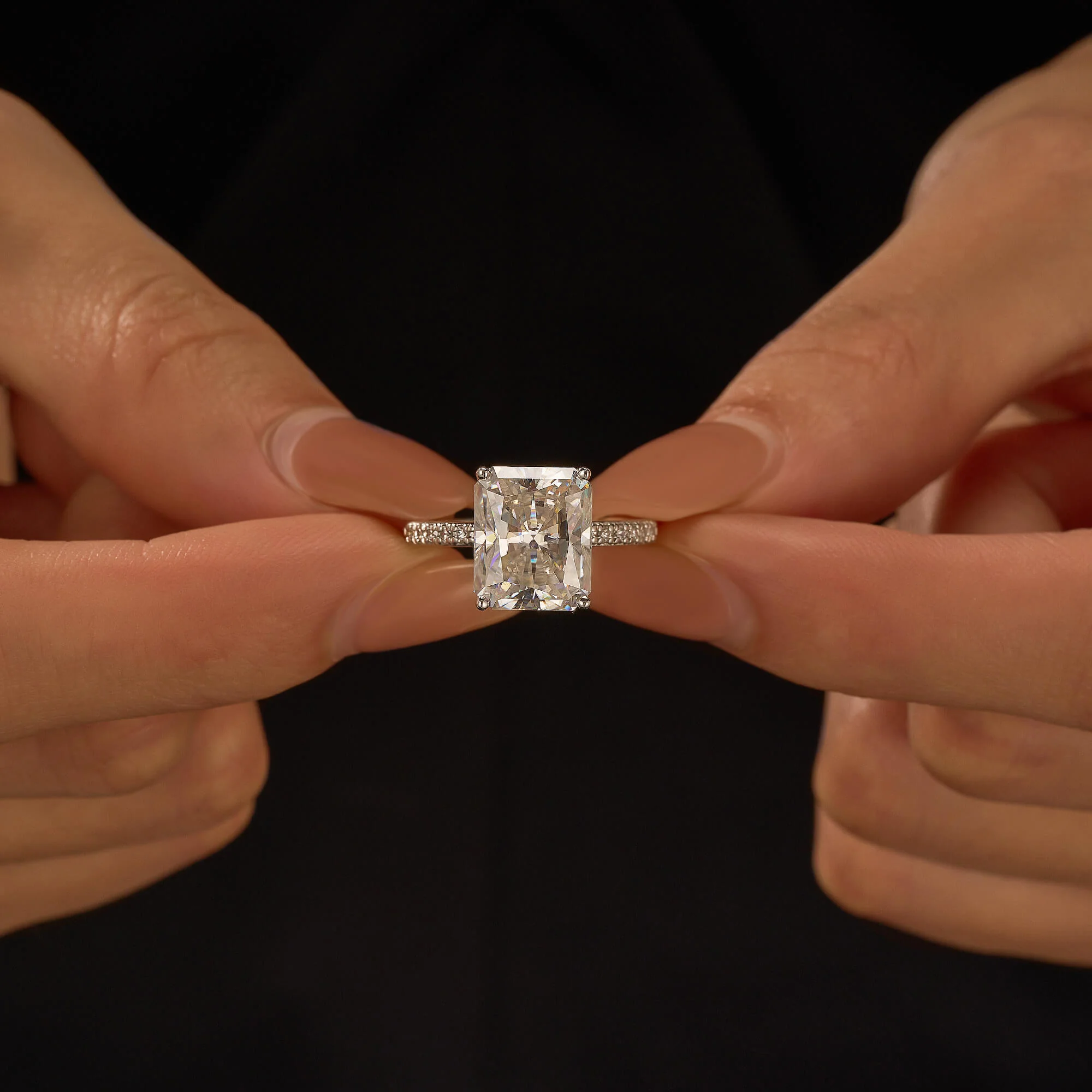 Radiant Hidden Halo Engagement Ring with Pavé Band - Image 13