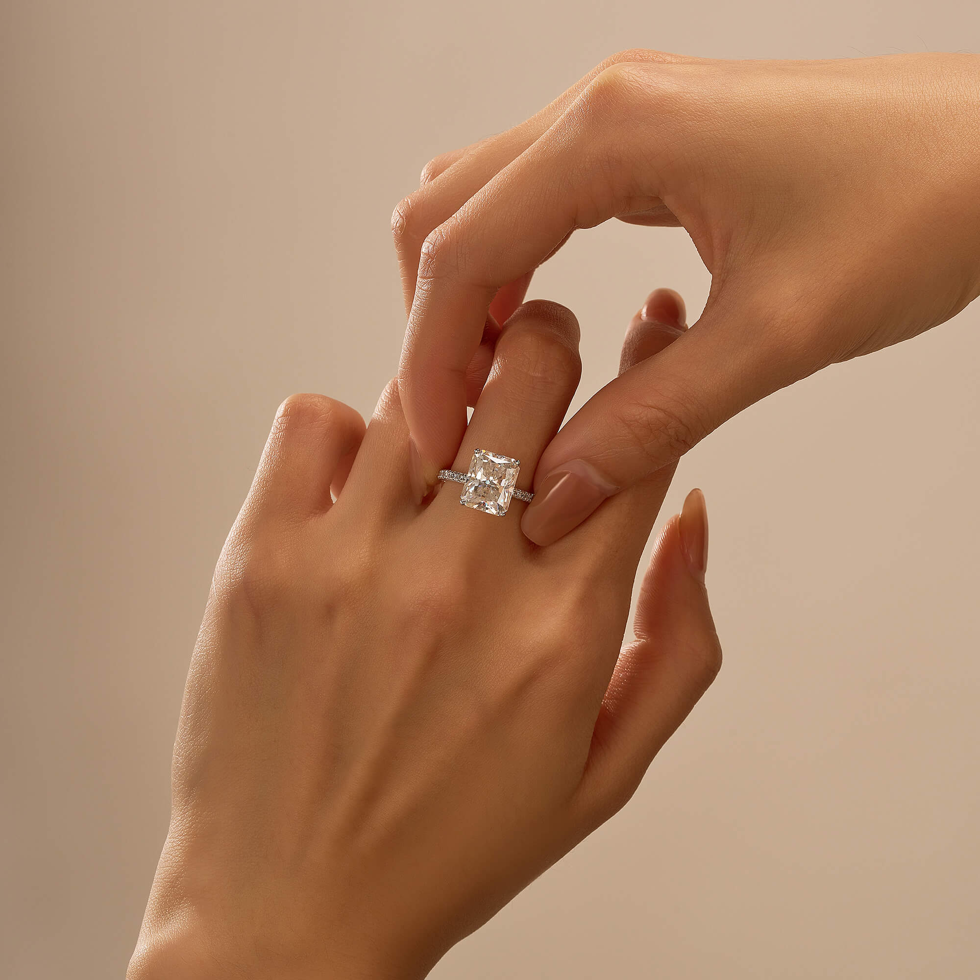 Radiant Hidden Halo Engagement Ring with Pavé Band - Image 15