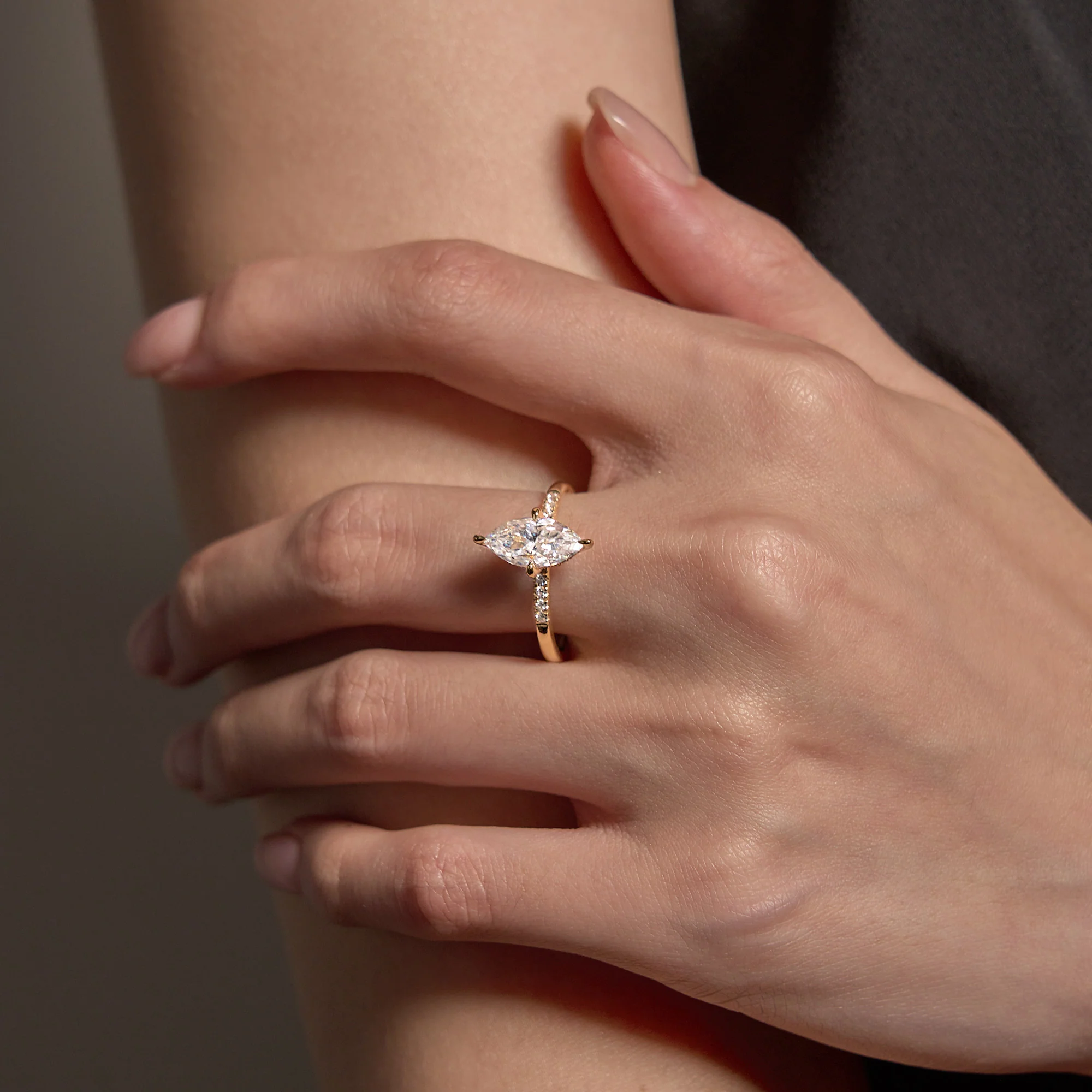 Marquise Moissanite Engagement Ring with Pave Band - Image 11