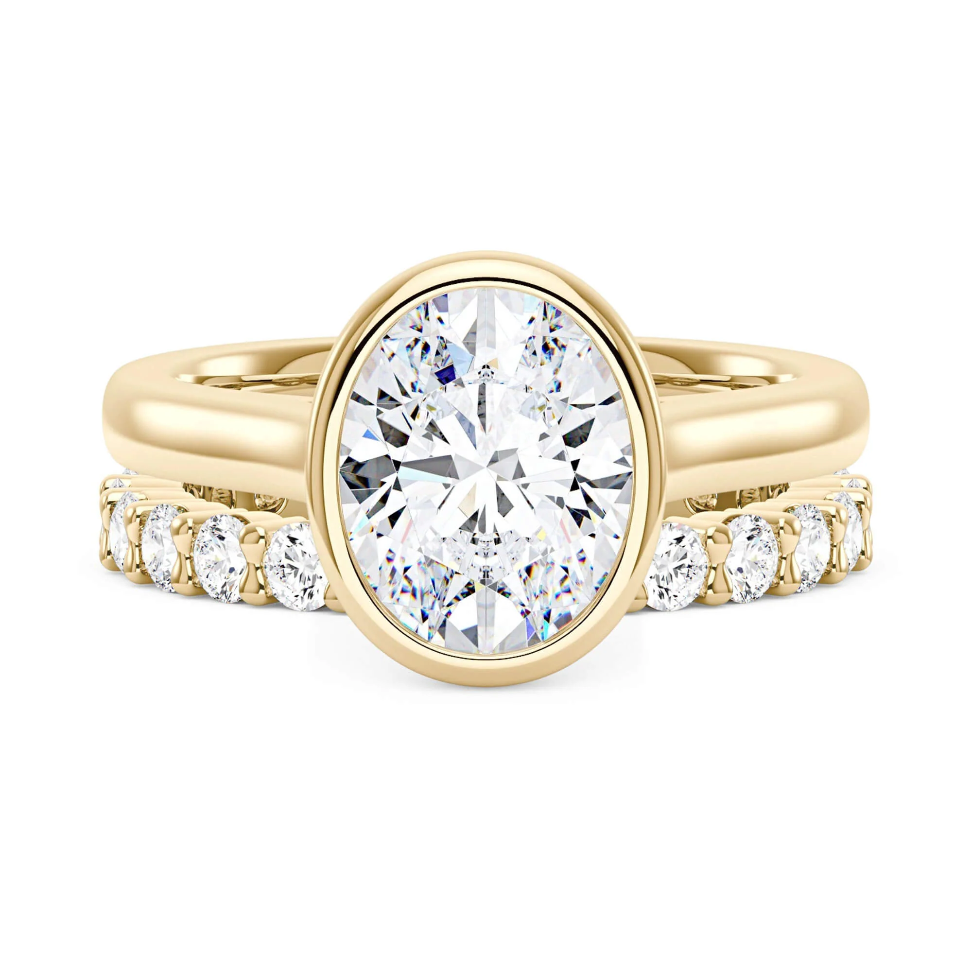 Oval Bezel Engagement Ring And Pave Eternity Wedding Band Set - Image 3