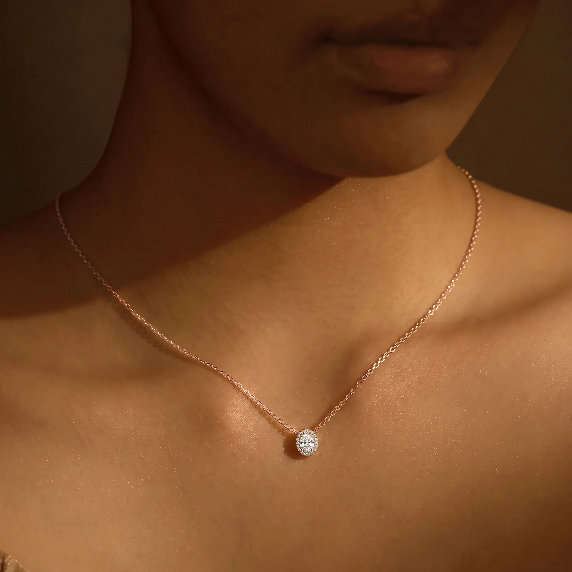 Oval Cut Halo Diamond Pendant Necklace - Image 8
