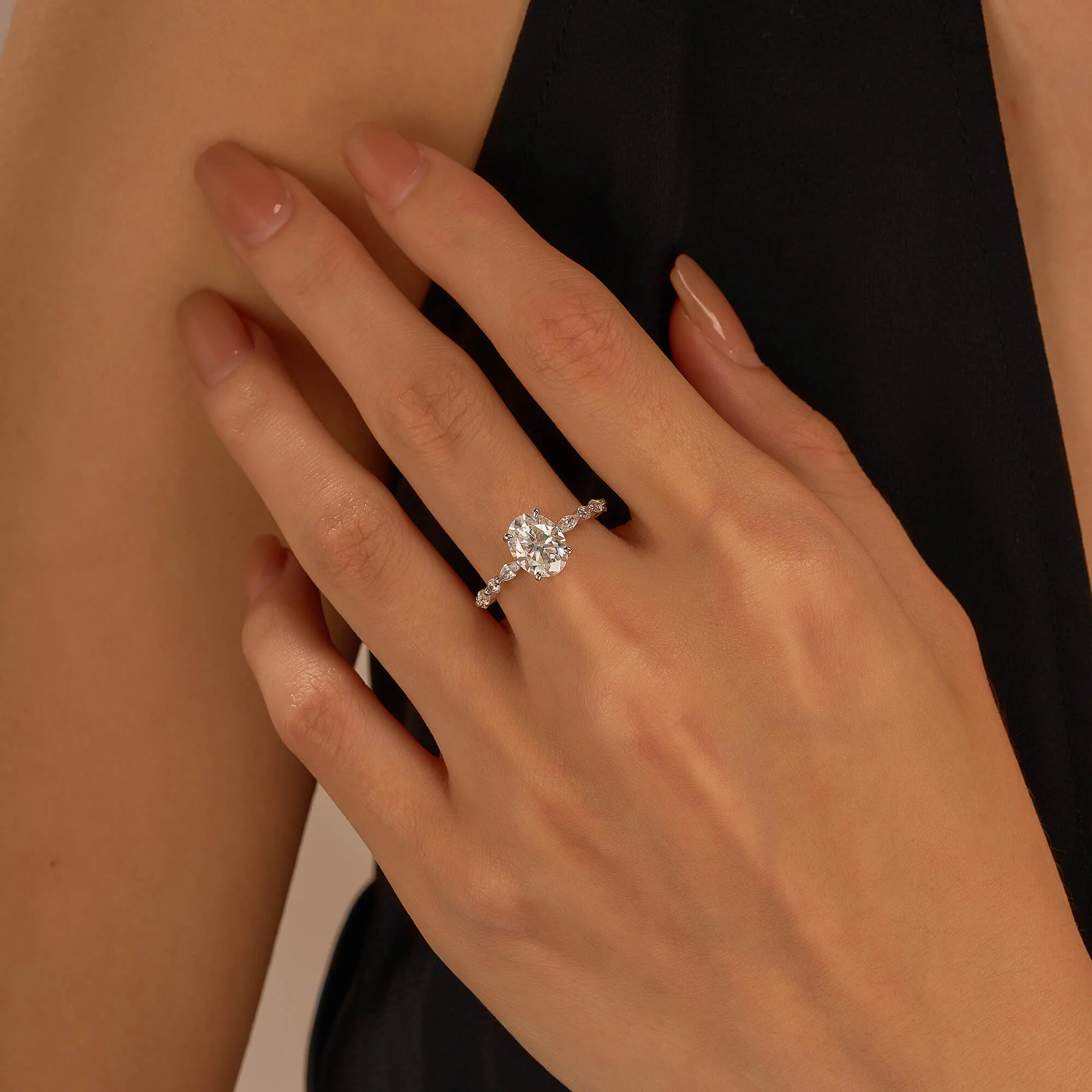 Nature Inspired Oval Cut Moissanite Accent Engagement Ring - Image 10