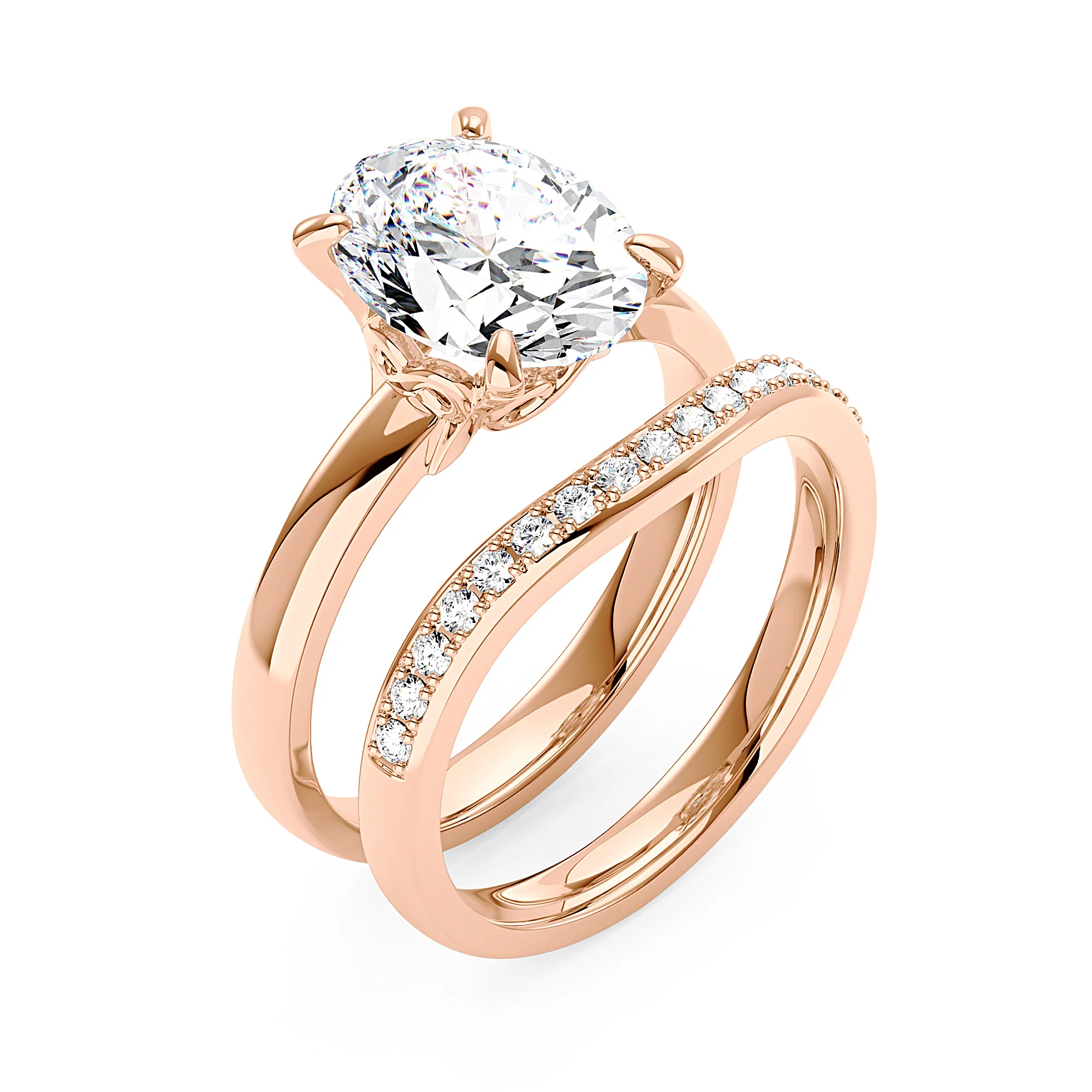 Oval Cut Moissanite Solitaire Engagement Ring and Curved Wedding Band Set - Image 9