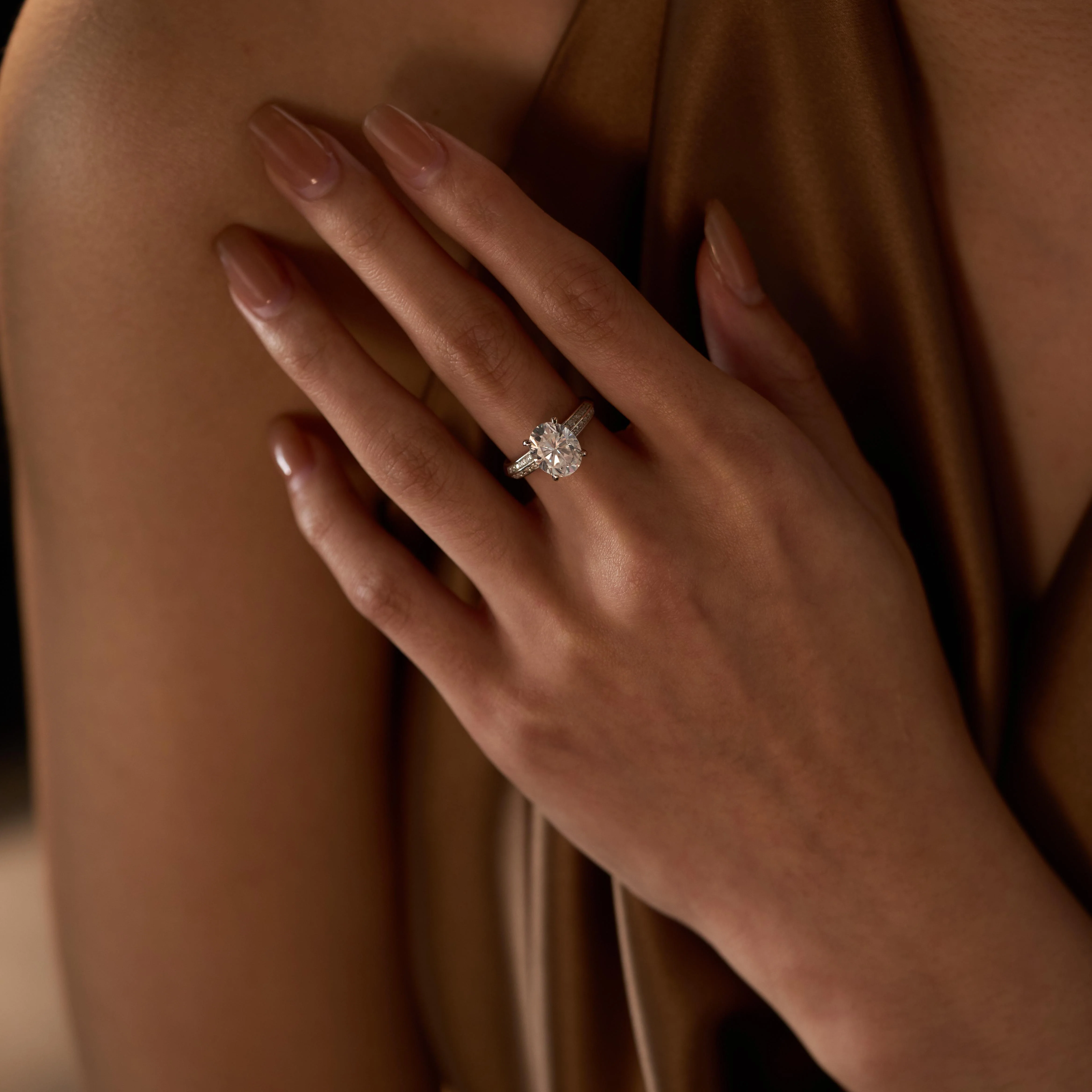 Oval Moissanite Engagement Ring with Pavé Double Row Band - Image 11