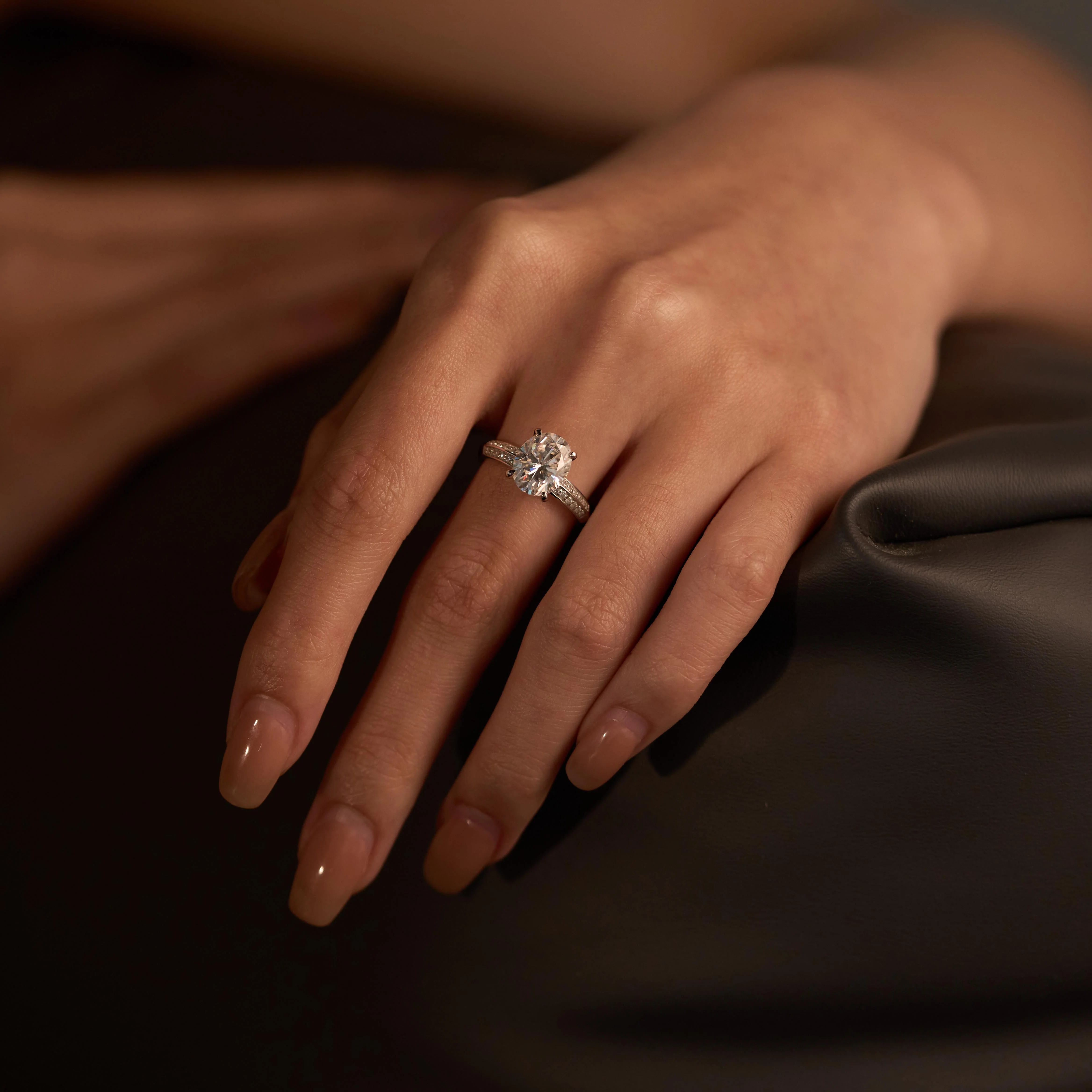 Oval Moissanite Engagement Ring with Pavé Double Row Band - Image 13
