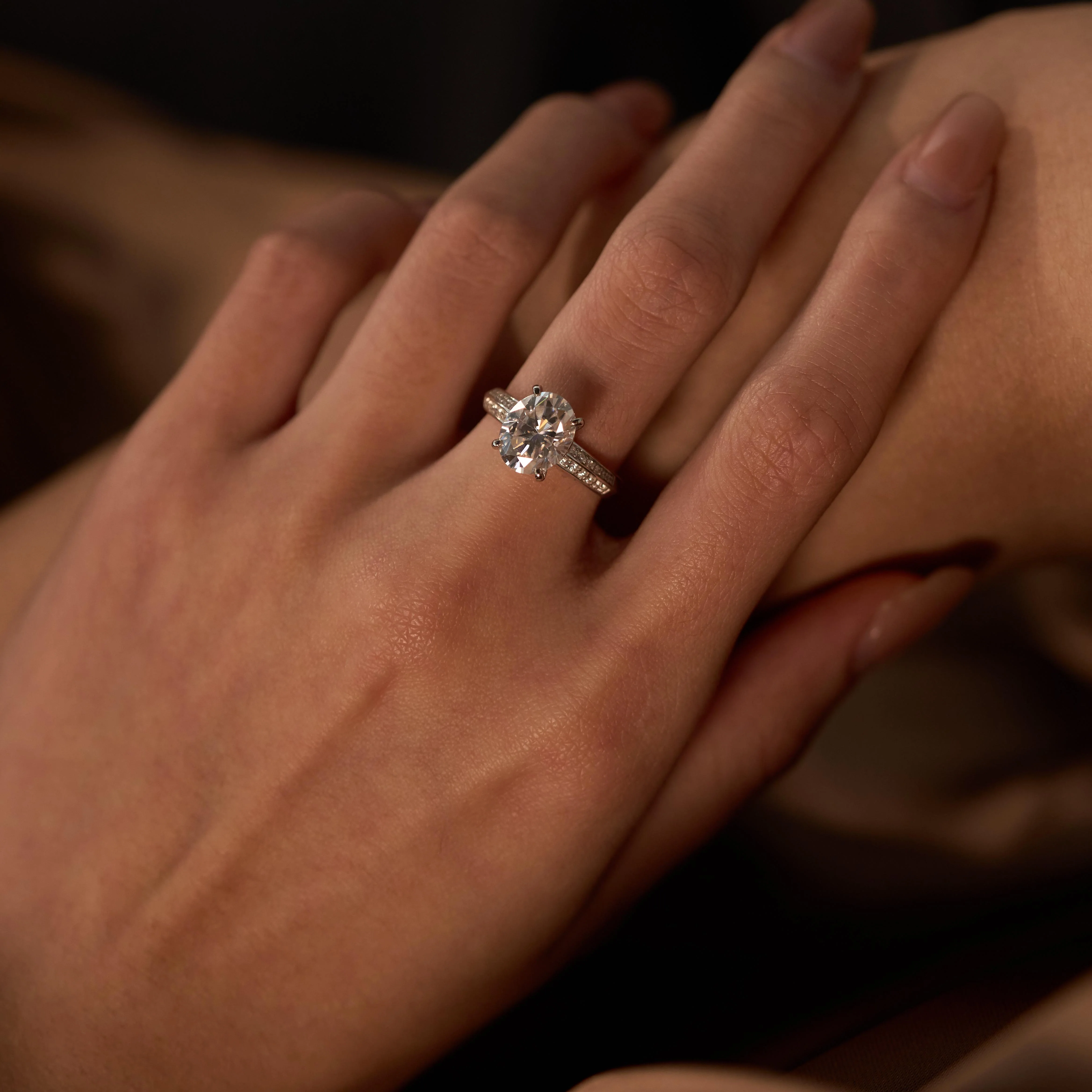 Oval Moissanite Engagement Ring with Pavé Double Row Band - Image 14
