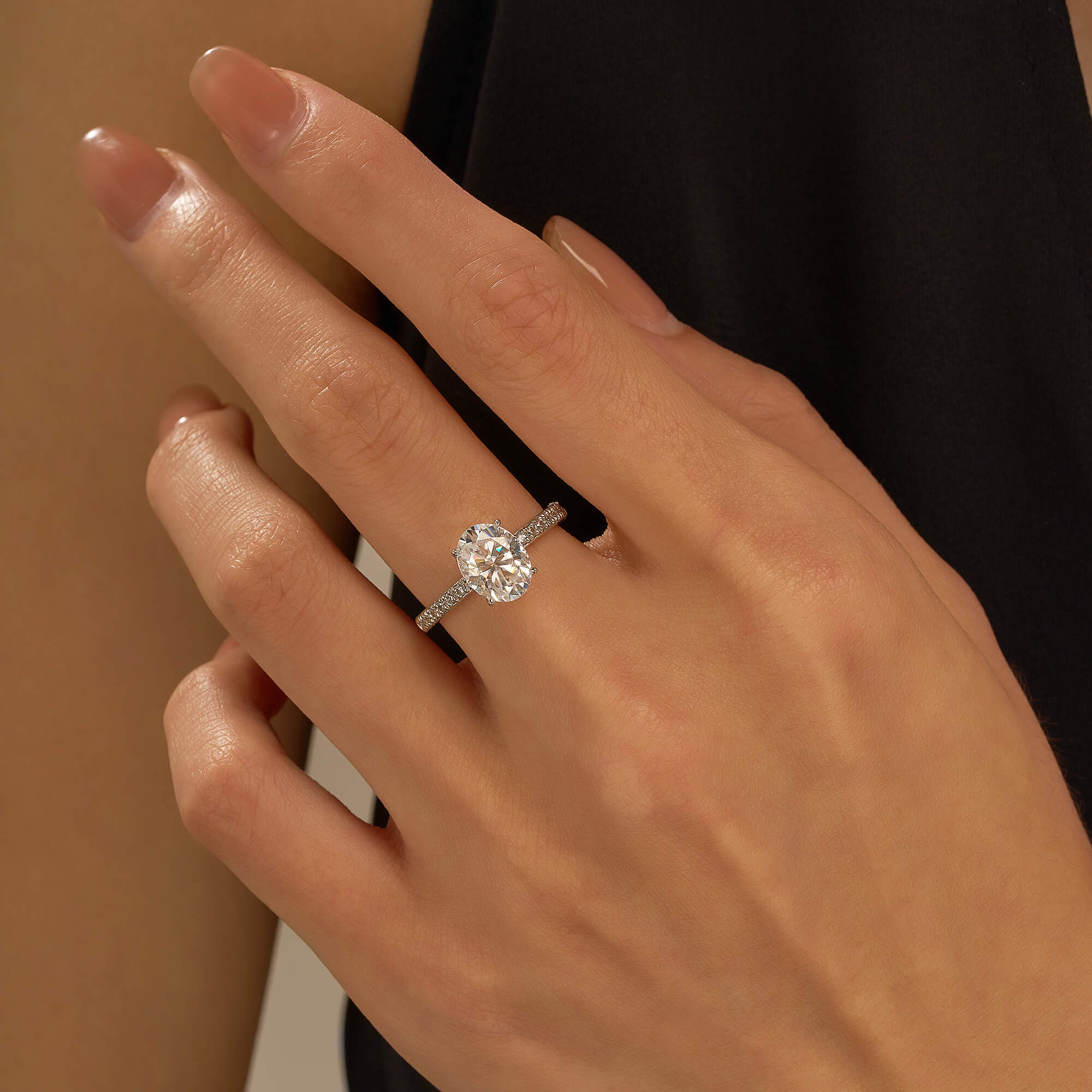 Oval Moissanite Hidden Halo Engagement Ring with Pavé Band - Image 10