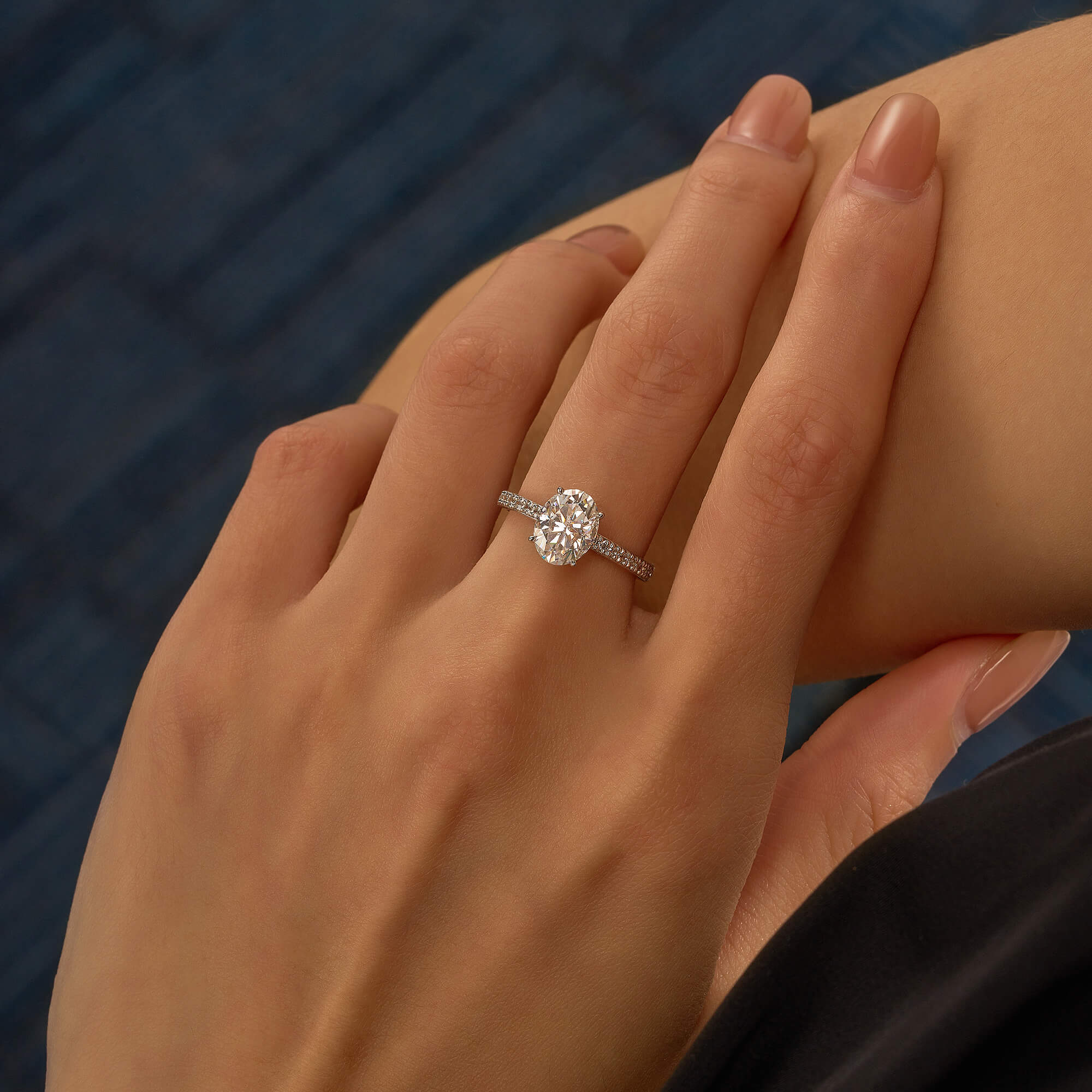 Oval Moissanite Hidden Halo Engagement Ring with Pavé Band - Image 11