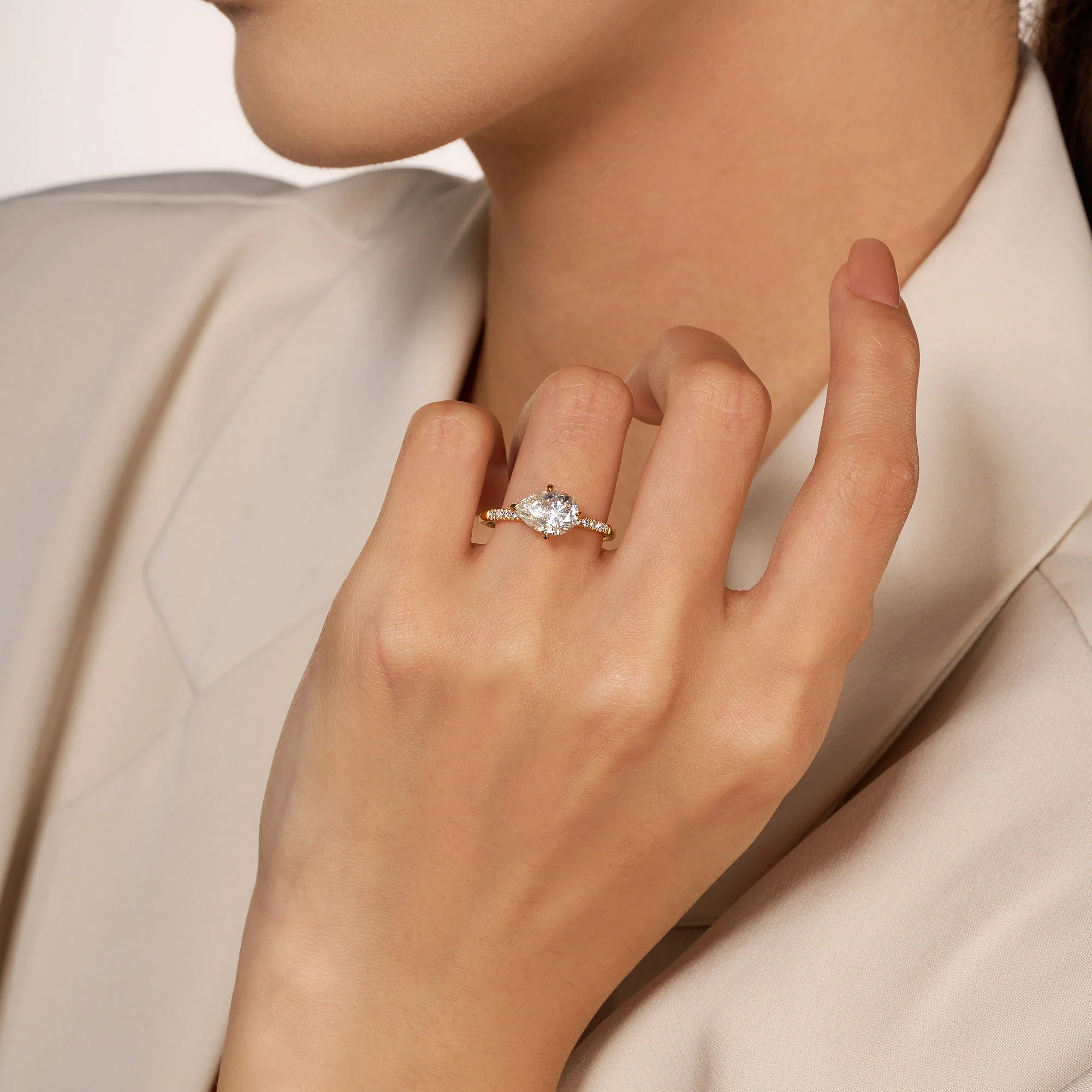 Pear Moissanite East West Ring with Pave Band - Image 12