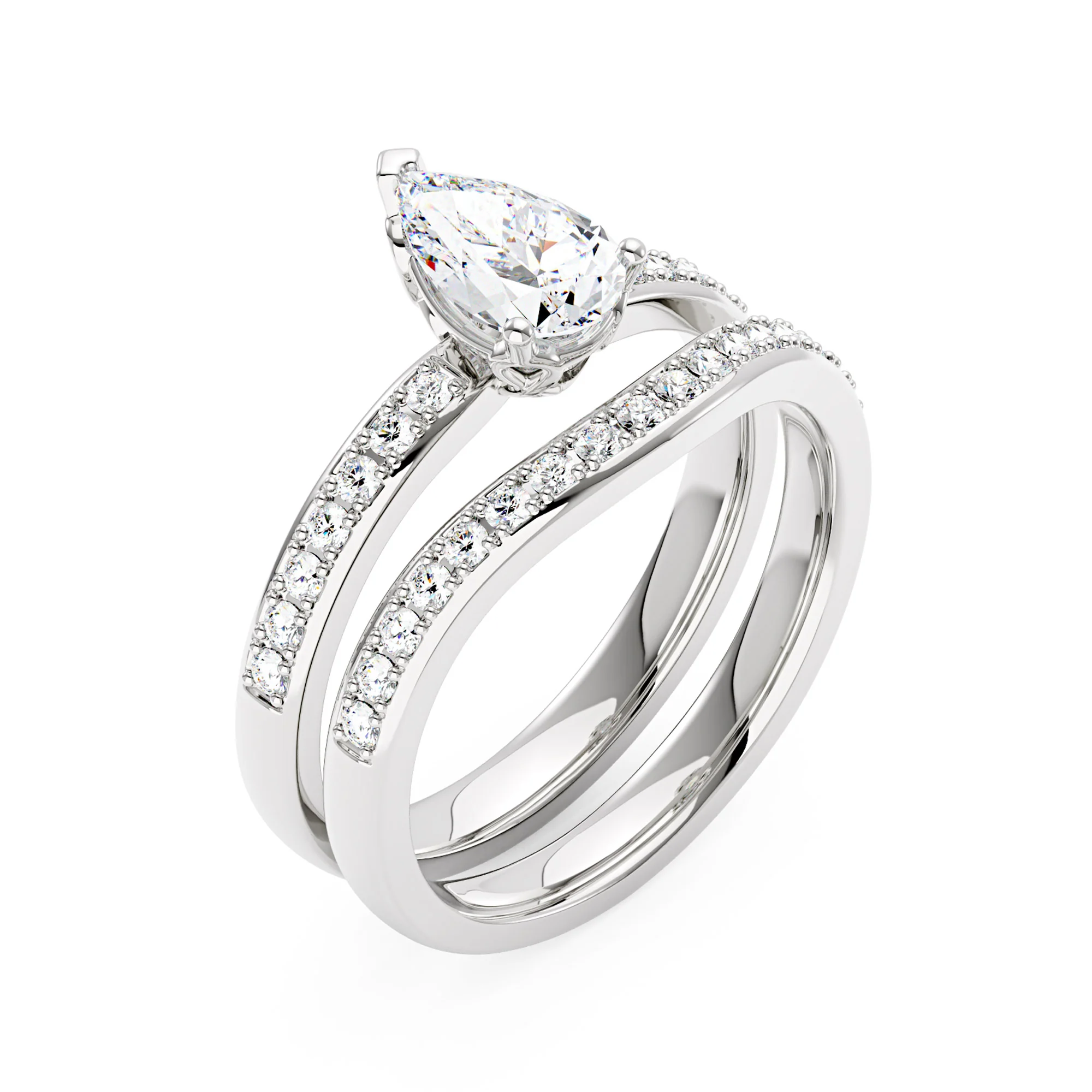 Pear Shaped Moissanite Pave Band Engagement Wedding Ring Set - Image 3