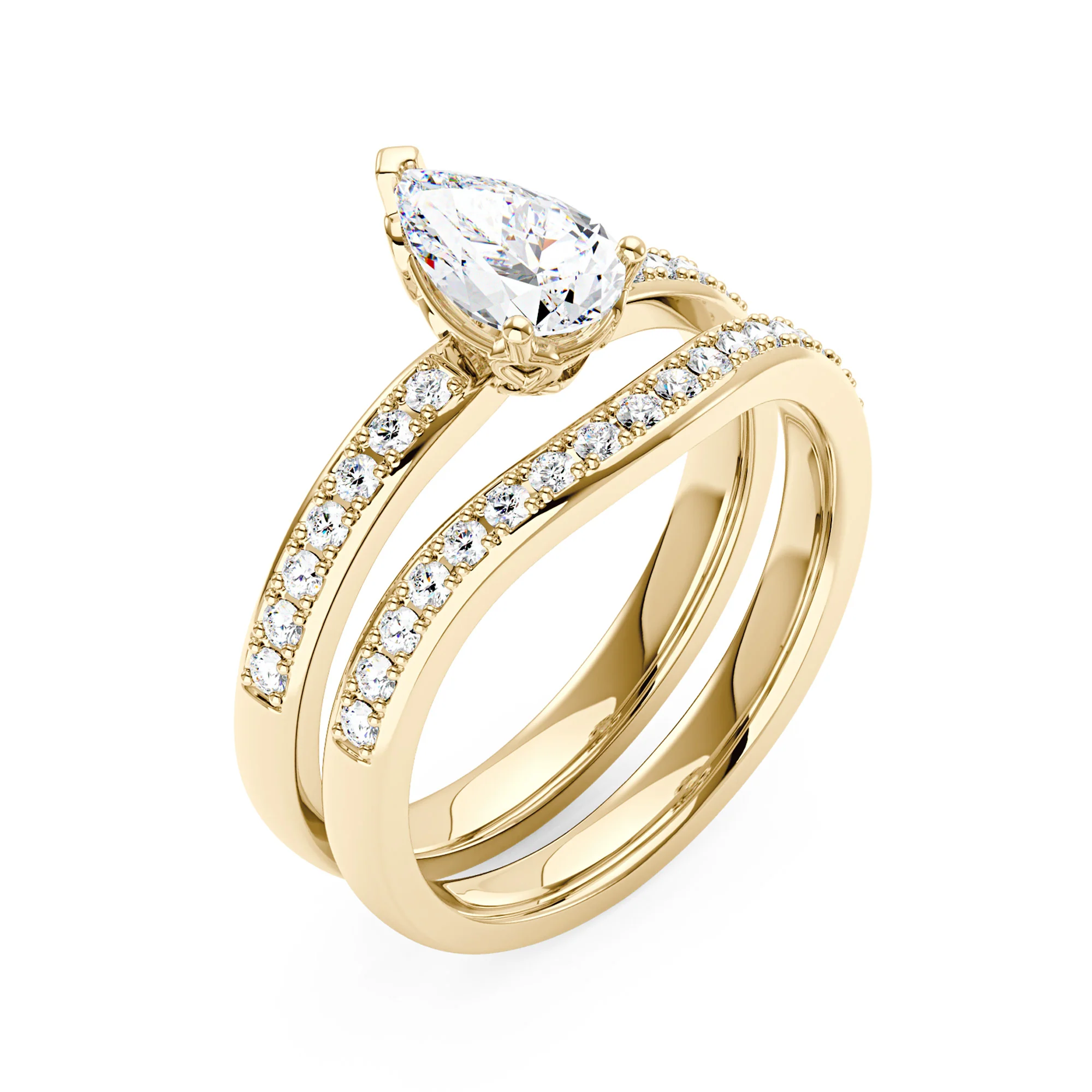 Pear Shaped Moissanite Pave Band Engagement Wedding Ring Set - Image 6