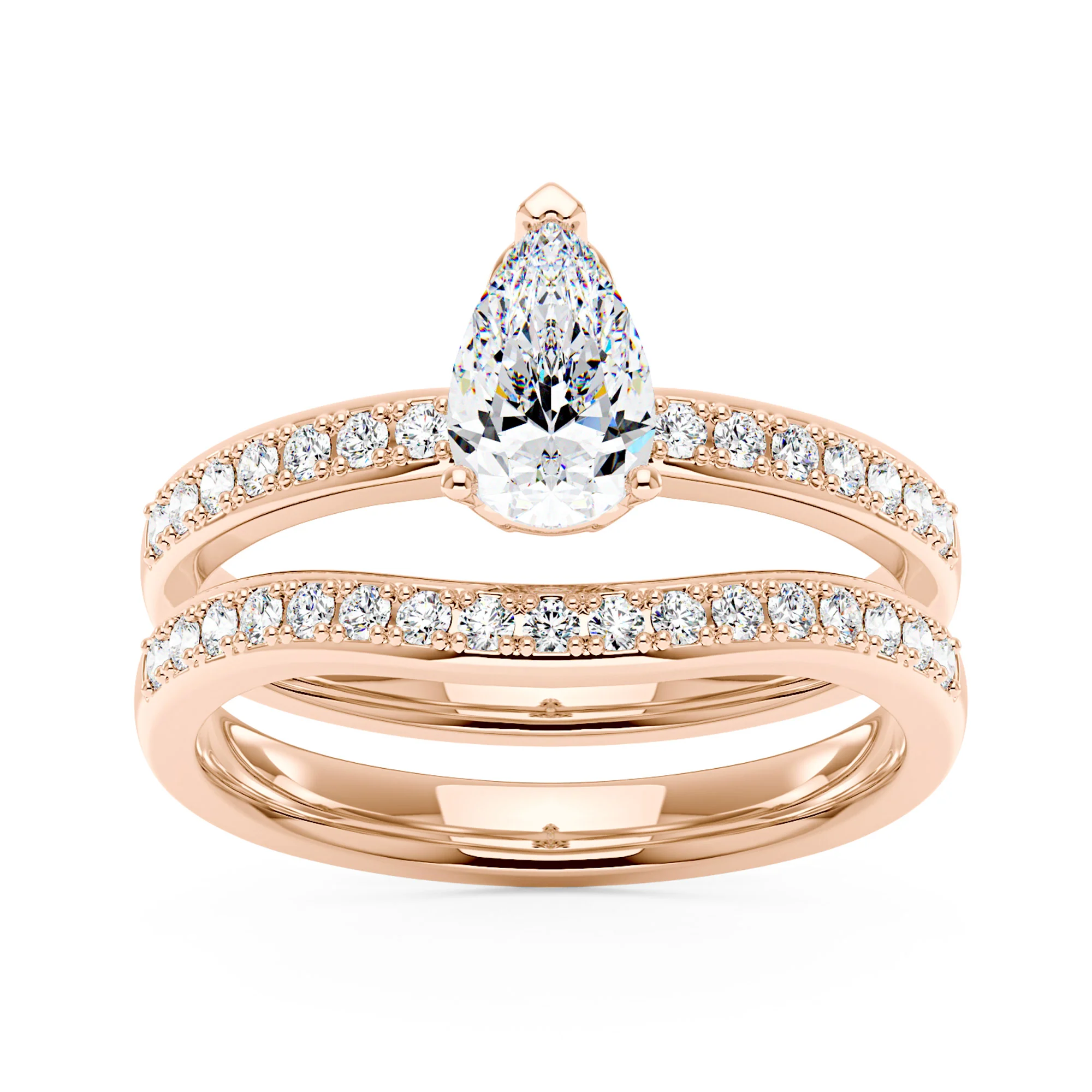 Pear Shaped Moissanite Pave Band Engagement Wedding Ring Set - Image 7