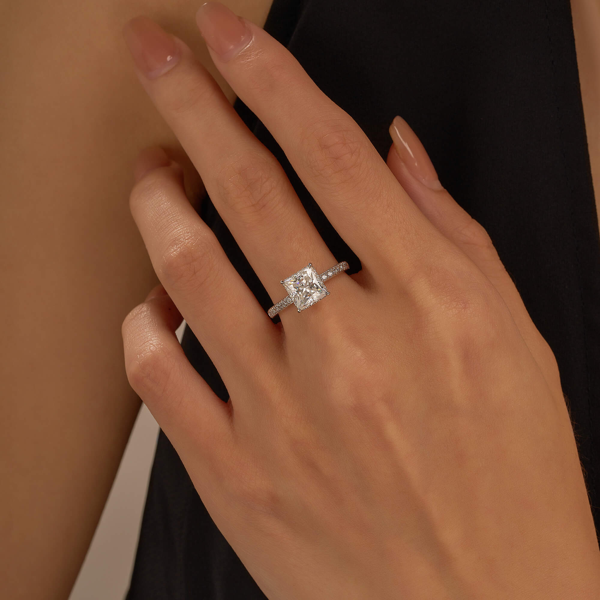 Princess Cut Moissanite Ring with Pavé Band - Image 11