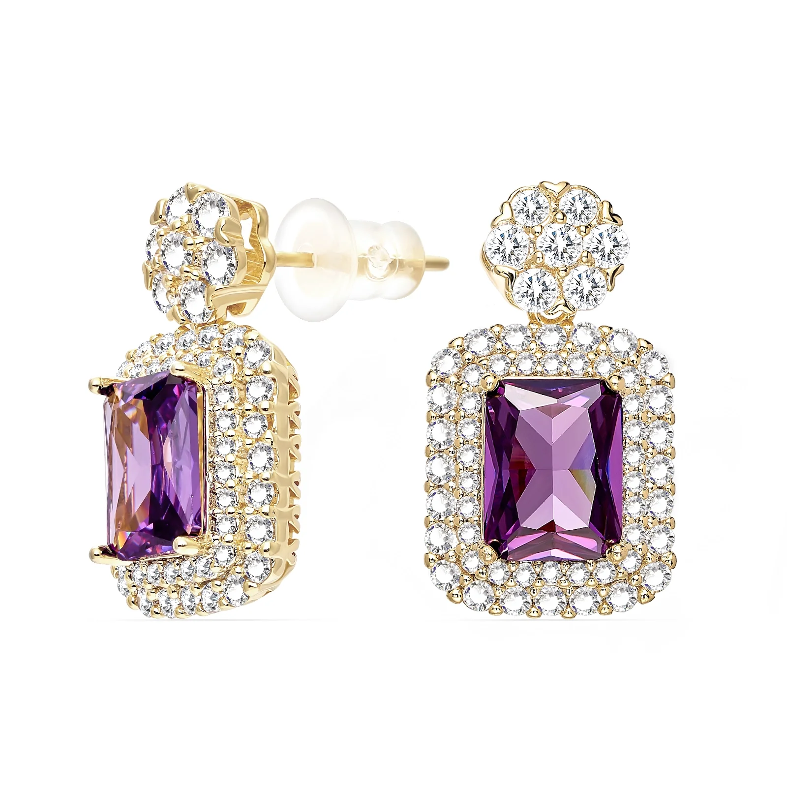 Radiant Cut Amethyst Purple With Halo Style Drop Earings - Image 4