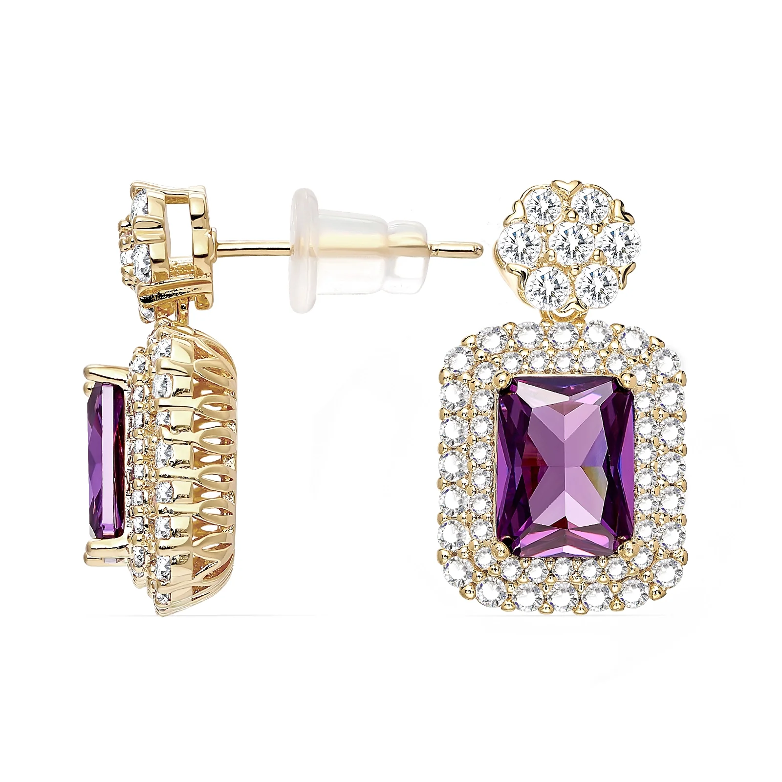 Radiant Cut Amethyst Purple With Halo Style Drop Earings - Image 5