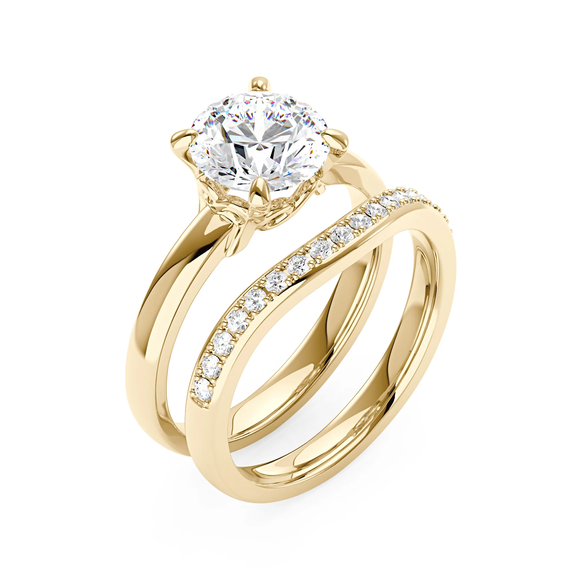 Round Cut Moissanite Solitaire Ring and Curved Band Set - Image 6